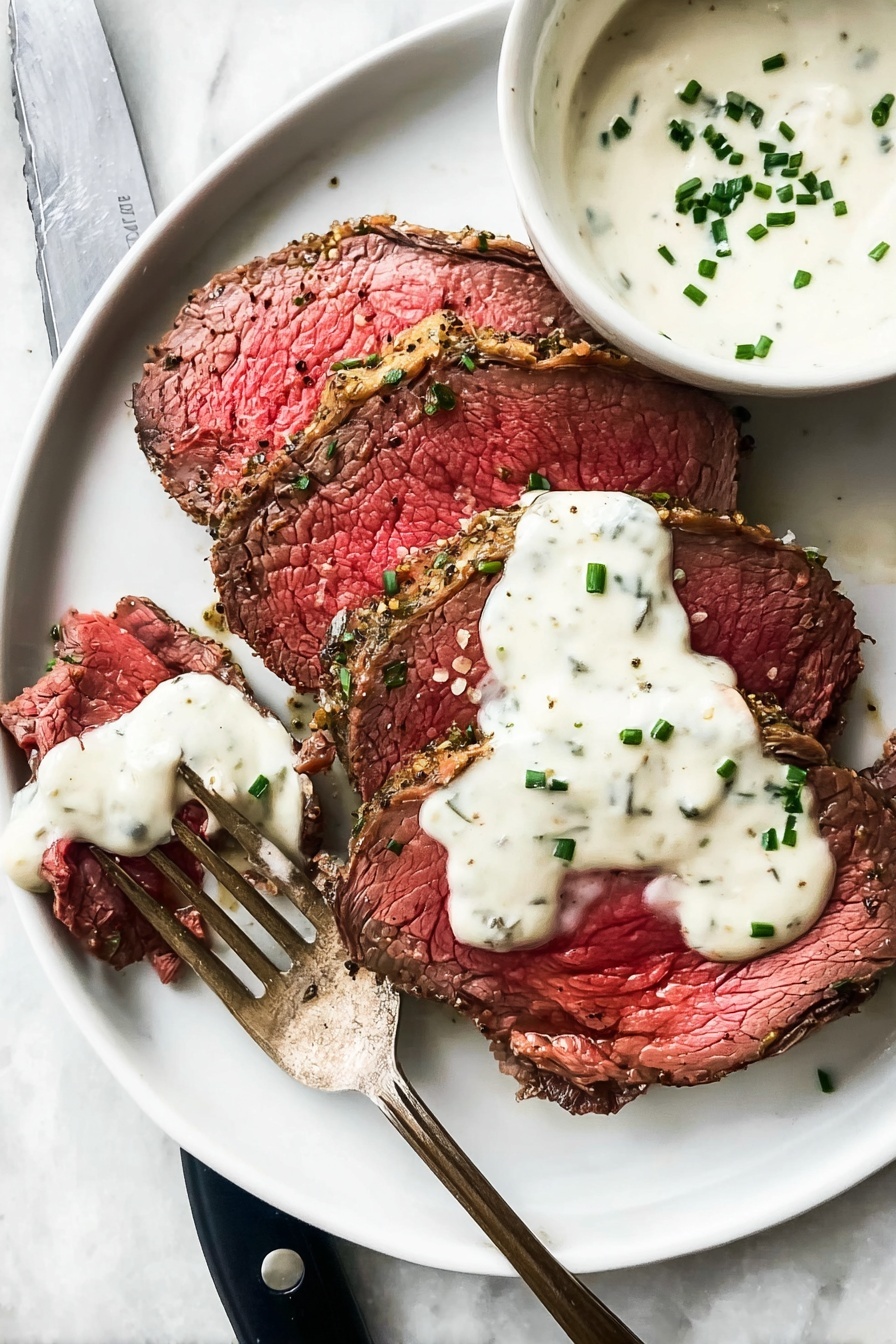A white plate holds three thick slices of red, juicy cooked meat with a pepper and herb crust, arranged close together. Each slice shows a dark brown edge with a moist, tender pink center and is topped with a thick, creamy white sauce sprinkled with small green chive pieces. A fork with a piece of meat covered in sauce is placed at the bottom left on the plate, and a small white bowl with more creamy sauce and green chives is partially visible next to the meat. The plate rests on a white marbled surface with a black-handled knife nearby. photo taken with an iphone --ar 2:3 --v 7 - Herb Garlic Butter Beef Tenderloin, Beef Tenderloin with Herb Garlic Butter, Elegant Beef Tenderloin Recipe, Juicy Garlic Herb Beef, Gourmet Beef Tenderloin
