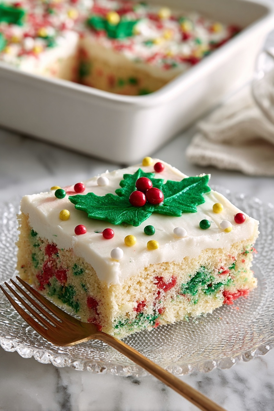 A single square piece of festive cake sits on a clear glass plate with a decorative edge, placed on a white marbled surface. The cake has two main layers; the bottom layer is a light, fluffy vanilla cake mixed with red and green sprinkles, creating a colorful speckled texture inside the cake. The top layer is a thick, smooth white frosting spread evenly, decorated with a large green holly leaf made of frosting with small red and yellow candy berries on it. Around the edges of the frosting top are red and green sprinkles mixed with tiny white frosting dots. In the background, a white baking pan holds the rest of the cake with a similar festive appearance. A gold fork lies next to the plate on the white marble surface. photo taken with an iphone --ar 2:3 --v 7 - Festive Christmas Sheet Cake with Green Frosting, Christmas holiday cake, Christmas dessert recipe, holiday sheet cake, green frosting Christmas cake