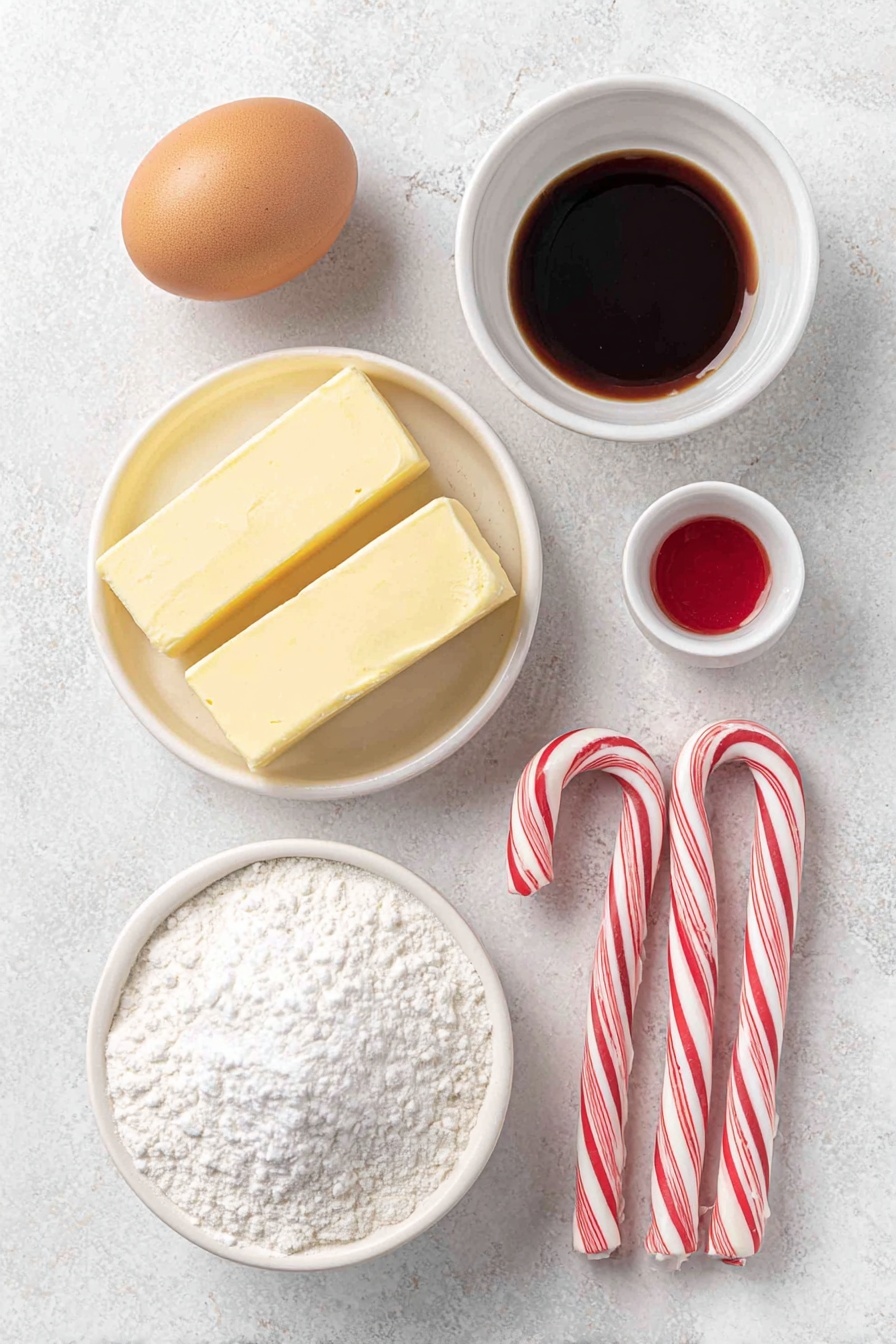 Flat lay of two sticks of salted butter, a small white bowl filled with powdered sugar, one large whole brown egg with a clean shell, a small white bowl holding clear vanilla extract, a small white bowl with peppermint extract, a white ceramic bowl heaped with all-purpose flour, a small white bowl containing vibrant red liquid food coloring, and three fresh unbroken candy canes placed side by side, all arranged symmetrically in balanced proportions, placed on a clean white marble surface, soft natural light, photo taken with an iPhone, professional food photography style, fresh ingredients, white ceramic bowls, no bottles, no duplicates, no utensils, no packaging --ar 2:3 --v 7 --p m7354615311229779997 - Candy Cane Cookies with Peppermint Flavor, holiday peppermint cookies, festive Christmas cookies, peppermint sugar cookies, adorable holiday treats