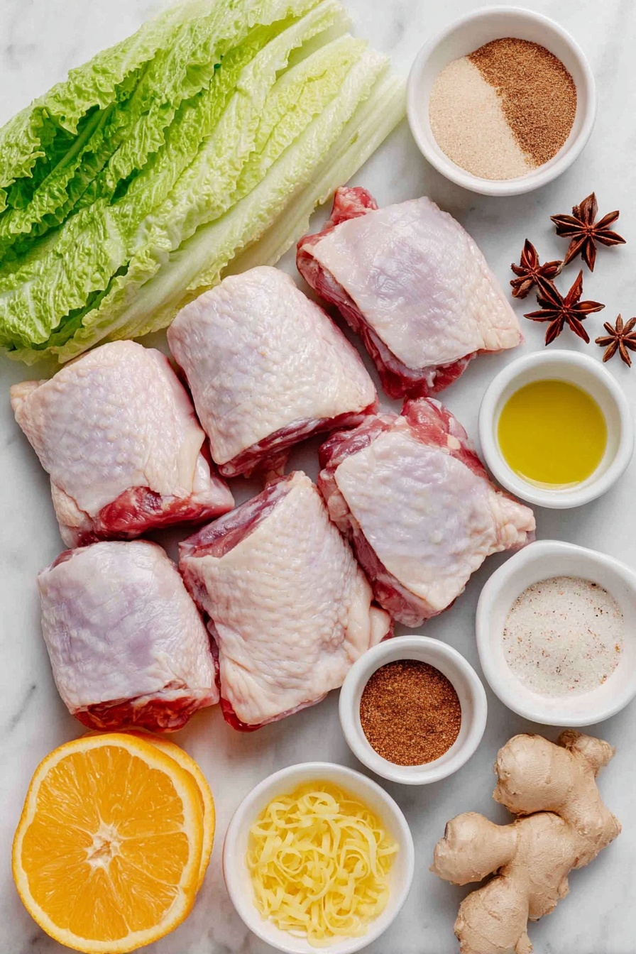 Flat lay of raw bone-in, skin-on chicken thighs and drumsticks arranged neatly, a small white bowl of bright orange zest curls, a small white bowl filled with fresh orange juice, another small white bowl with pale amber cider vinegar, a small white bowl of packed light brown sugar, a small white bowl of smooth Dijon mustard, a small white bowl holding golden olive oil, a small white bowl with fine ground cinnamon powder, a small white bowl with ground allspice, a small white bowl containing ground ginger, two whole star anise pods placed side by side, a small white bowl of coarse salt, a small white bowl with freshly ground black pepper, a few fresh endive and watercress leaves artistically spread out, and two whole fresh oranges cut into halves and wedges evenly spaced, all placed on a clean white marble surface, soft natural light, photo taken with an iPhone, professional food photography style, fresh ingredients, white ceramic bowls, no bottles, no duplicates, no utensils, no packaging --ar 2:3 --v 7 --p m7354615311229779997 - Sticky Orange Glazed Chicken, orange glazed chicken recipe, citrus glazed chicken, flavorful chicken thighs, easy orange chicken