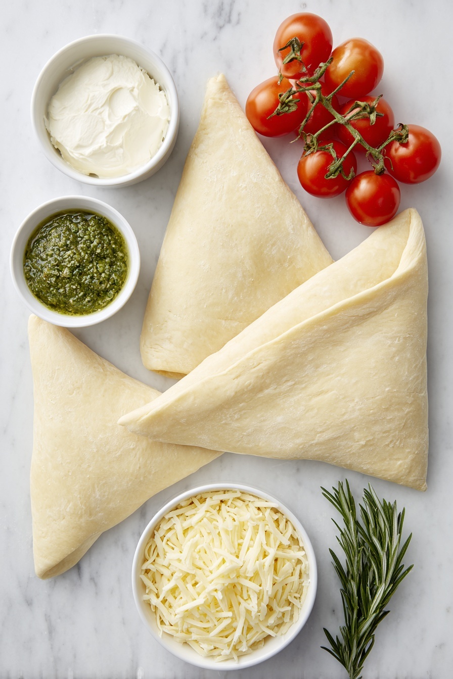 Flat lay of two unrolled sheets of pale crescent roll dough triangles, a small white ceramic bowl with softened cream cheese, a small white ceramic bowl filled with shredded white mozzarella cheese, a small white ceramic bowl holding bright green basil pesto, fresh green rosemary sprigs, and a handful of glossy red cherry tomatoes, all arranged in balanced symmetry on a clean white marble surface, soft natural light, photo taken with an iPhone, professional food photography style, fresh ingredients, white ceramic bowls, no bottles, no duplicates, no utensils, no packaging --ar 2:3 --v 7 --p m7354615311229779997 - Cheesy Pesto Wreath Appetizer, festive appetizer recipes, easy holiday starters, cheesy puff pastry appetizers, veggie and cheese wreath
