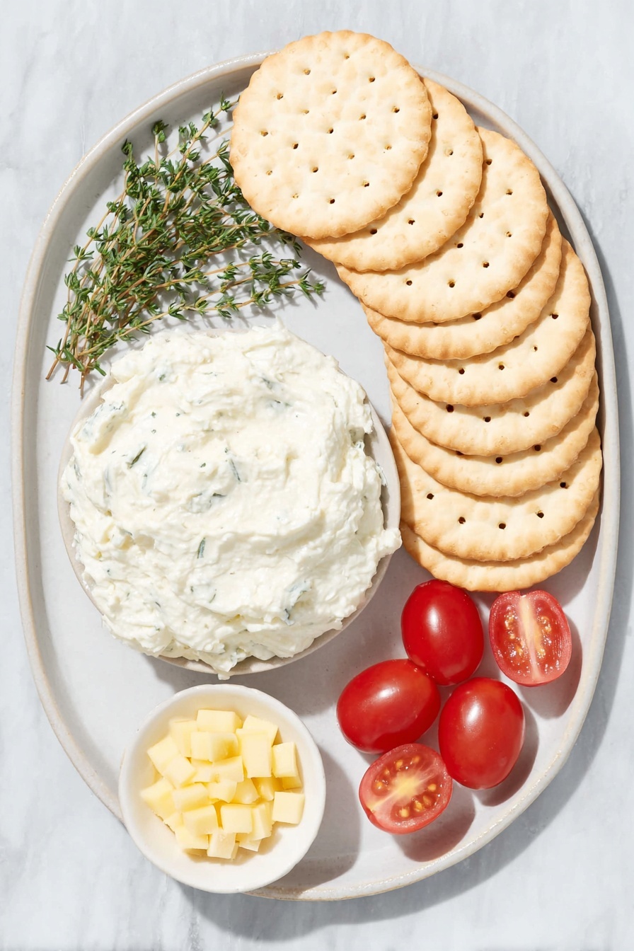 Flat lay of a neat stack of round rice crackers, a small mound of smooth whipped cream cheese on a simple white ceramic plate, several small sprigs of fresh dill arranged neatly on a white ceramic dish, a single bright yellow bell pepper sliced into tiny rectangular dices in a small white bowl, and six shiny red cherry tomatoes with one halved displayed beside them, all placed on a clean white marble surface, soft natural light, photo taken with an iPhone, professional food photography style, fresh ingredients, white ceramic bowls, no bottles, no duplicates, no utensils, no packaging --ar 2:3 --v 7 --p m7354615311229779997 - Festive Christmas Ornament Appetizer Bites, Christmas appetizer ideas, holiday party snacks, easy Christmas party appetizers, festive holiday finger foods