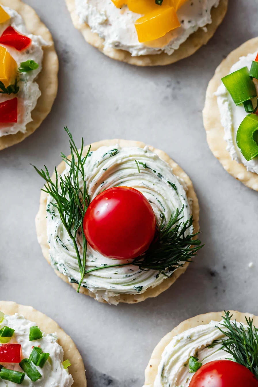 The image shows several small round crackers on a white marbled surface, each topped with different fresh toppings. The central cracker has a base layer of white cream cheese swirled in a circular pattern, decorated with green dill sprigs around the edges, and topped with a shiny whole small red tomato accented with a tiny piece of yellow pepper. Around it, other crackers display similar layers with swirled or square patches of white cream cheese, garnished with green herbs like parsley and chives, and small pieces of red and green peppers. The overall look is colorful, fresh, and neatly arranged. photo taken with an iphone --ar 2:3 --v 7 - Festive Christmas Ornament Appetizer Bites, Christmas appetizer ideas, holiday party snacks, easy Christmas party appetizers, festive holiday finger foods