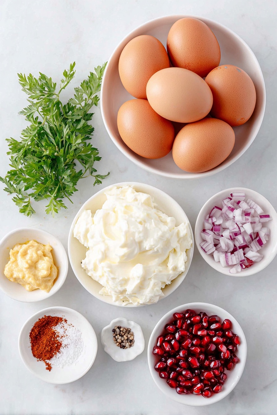 Flat lay of six whole uncracked brown eggs, a small white ceramic bowl of creamy mayonnaise, a small white bowl of vibrant minced dill pickles, a small white bowl of finely diced purple-red onion, a small white bowl with a heap of golden yellow dijon mustard, a small white bowl containing bright red pomegranate seeds, a small white bowl of deep red paprika powder, a small white bowl of coarse black pepper, a small white bowl of white salt crystals, and a few fresh green parsley sprigs arranged symmetrically, all placed on a clean white marble surface, soft natural light, photo taken with an iPhone, professional food photography style, fresh ingredients, white ceramic bowls, no bottles, no duplicates, no utensils, no packaging --ar 2:3 --v 7 --p m7354615311229779997 - Christmas Deviled Eggs, festive deviled eggs, holiday appetizer ideas, Christmas party recipes, easy holiday appetizers