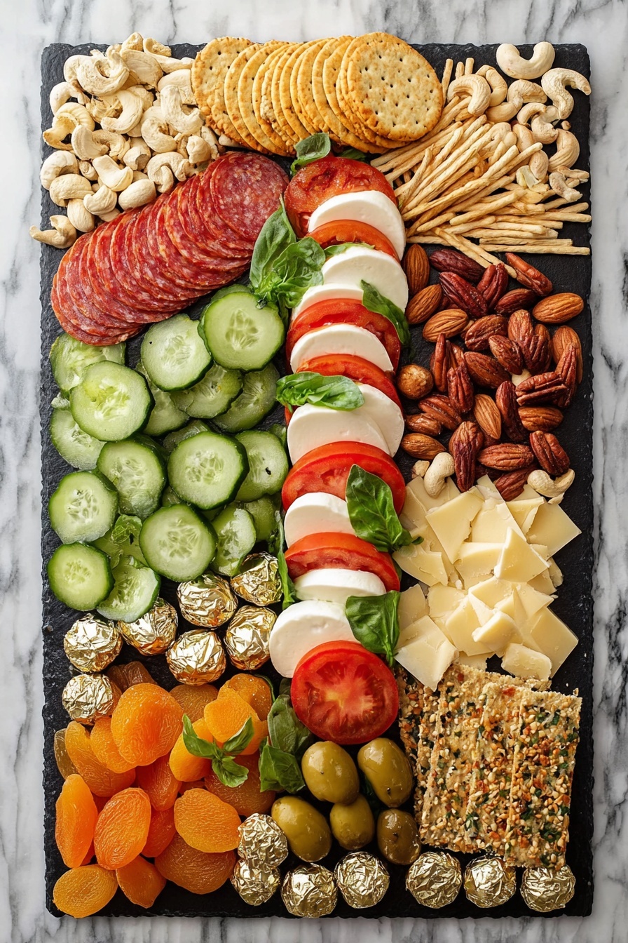 A rectangular black board holds a colorful charcuterie arrangement on a white marbled surface. On the left side, there are layers of green cucumber slices with smooth textures and darker edges. Above the cucumbers are folded red and white slices of salami. Moving to the center, a cluster of green olives is surrounded by round, golden-brown crackers stacked in a small pile. Toward the top right, slices of fresh mozzarella and bright red tomato alternate in three vertical lines, each pair separated by small green basil leaves with a soft texture. On the bottom left, there are cubes of yellow and pale cheese mixed with scattered nuts like almonds and cashews. Finally, the right edge has several orange dried apricot slices, green leafy herbs, and thin brown pretzels with a slightly shiny surface. Small metallic gold and silver balls are placed across the board for decoration photo taken with an iphone --ar 2:3 --v 7 - Christmas Charcuterie Board Ideas, festive holiday appetizer platter, Christmas party cheese board, holiday entertaining food, easy Christmas grazing board