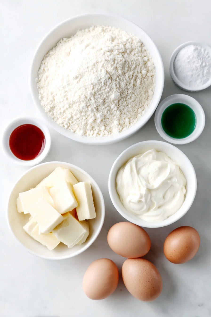 Flat lay of a medium white ceramic bowl filled with finely ground almond flour, a small white ceramic bowl with powdered sugar, three whole large eggs with clean shells, a small white ceramic bowl containing granulated sugar, three small white ceramic bowls each holding vivid red, green, and white gel food coloring, a medium white ceramic bowl with softened unsalted butter, a small white ceramic bowl of heavy cream, a small white ceramic bowl with vanilla extract, placed on a clean white marble surface, soft natural light, photo taken with an iPhone, professional food photography style, fresh ingredients, white ceramic bowls, no bottles, no duplicates, no utensils, no packaging --ar 2:3 --v 7 --p m7354615311229779997 - Festive Christmas Macarons with Buttercream Filling, holiday macarons, Christmas treats, colorful holiday desserts, homemade Christmas macarons