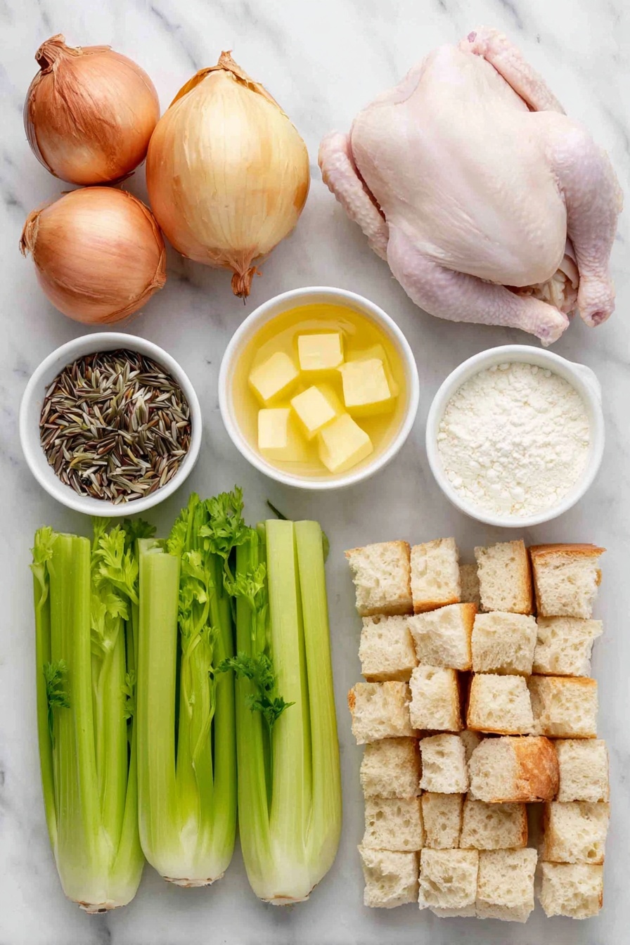 Flat lay of a whole yellow onion with papery skin, five whole fresh orange carrots with green tops trimmed, five bright green celery stalks with leafy ends, a small mound of uncooked wild rice grains, a whole raw chicken breast with smooth pale pink skin, a small white ceramic bowl filled with golden butter chunks, a small white ceramic bowl of fine white flour, a small white ceramic bowl of creamy whole milk, a small white ceramic bowl of light golden chicken broth, and a neat pile of rustic cubed bread pieces with crusty edges arranged symmetrically, all placed on a clean white marble surface, soft natural light, photo taken with an iPhone, professional food photography style, fresh ingredients, white ceramic bowls, no bottles, no duplicates, no utensils, no packaging --ar 2:3 --v 7 --p m7354615311229779997 - Best Chicken Wild Rice Casserole, hearty chicken wild rice recipe, creamy wild rice casserole, comforting chicken rice bake, easy wild rice casserole