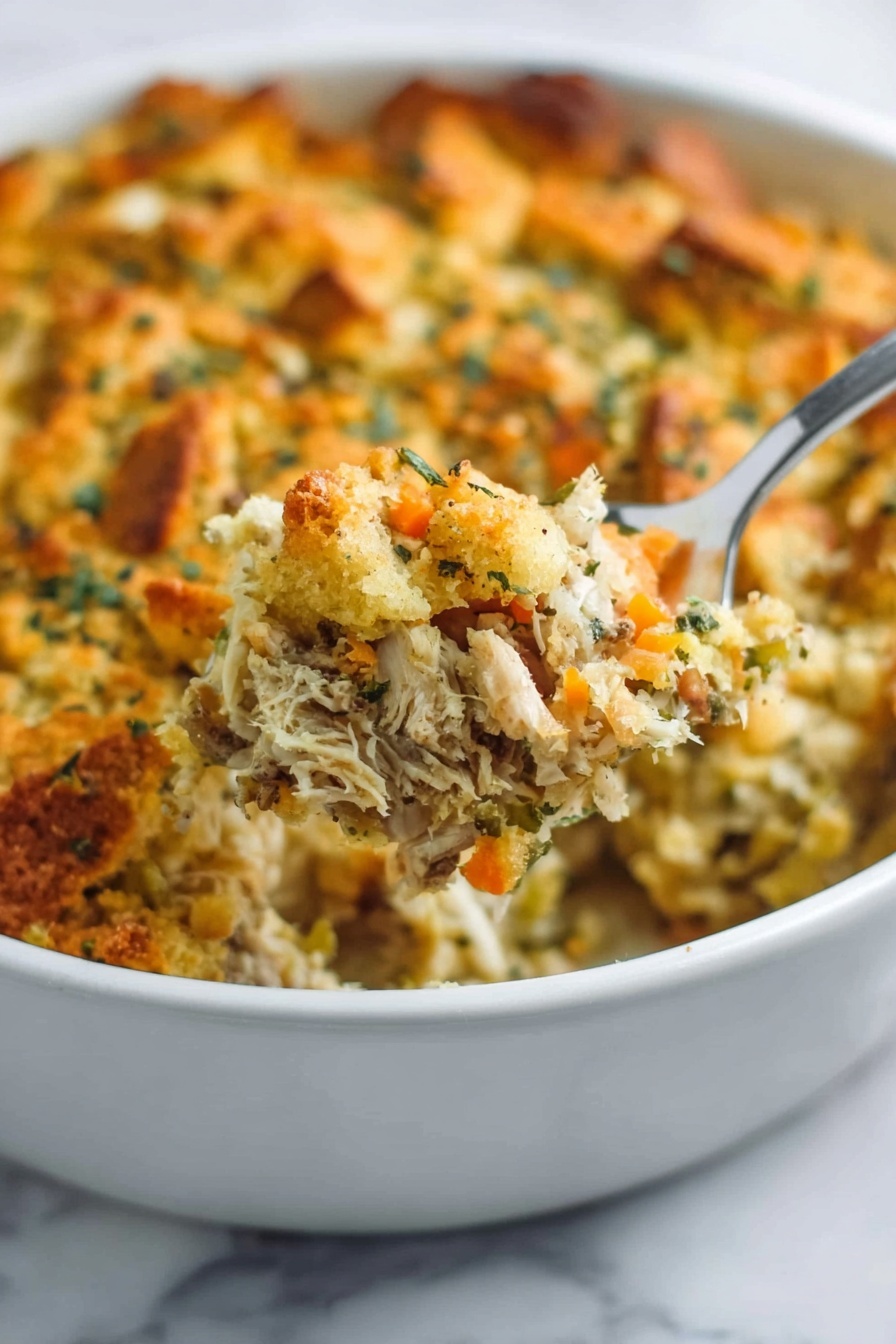 This image shows a white oval baking dish filled with a layered casserole topped with golden brown toasted bread cubes sprinkled with chopped green herbs. The top layer is crunchy and slightly uneven, covering a creamy mixture below that has visible bits of mushrooms and herbs. A wooden spoon scoops some casserole from the dish, revealing the creamy, textured filling beneath the toasted top. The dish is set on a white marbled surface, with a woman's hand holding the edge of the dish on one side. photo taken with an iphone --ar 2:3 --v 7 - Best Chicken Wild Rice Casserole, hearty chicken wild rice recipe, creamy wild rice casserole, comforting chicken rice bake, easy wild rice casserole