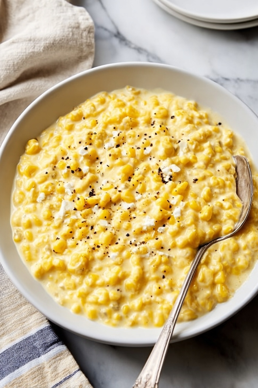 A white bowl filled with creamy yellow corn with small pieces of white cheese mixed in, creating a soft, thick texture. The surface is sprinkled with small black pepper flakes, adding contrast to the smooth creamy mixture. A vintage silver spoon rests inside the bowl, angled from the top right towards the center. The bowl sits on a white marbled surface, with a folded beige and blue striped cloth partially visible at the top left corner. Photo taken with an iphone --ar 2:3 --v 7 - Creamed Corn with Parmesan, Creamed Corn with Parmesan side dish, cheesy creamed corn recipe, quick creamy corn side, Parmesan corn recipe