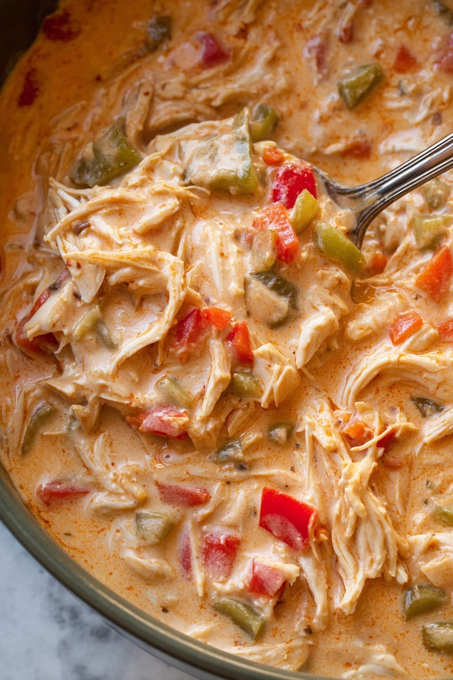 The image shows a close-up of a creamy dish with shredded white meat mixed with small chunks of red, orange, and green vegetables like bell peppers and celery, all covered in a thick light orange sauce with a smooth texture. The creamy mixture fills most of the frame, with a metal spoon partially visible scooping some of the mixture from the edge. The background is a white marbled texture. photo taken with an iphone --ar 2:3 --v 7 - Creamy Cajun Chicken Soup, Cajun Chicken Soup, Spicy Cajun Soup, Creamy Chicken Soup Recipes, Easy Cajun Soup