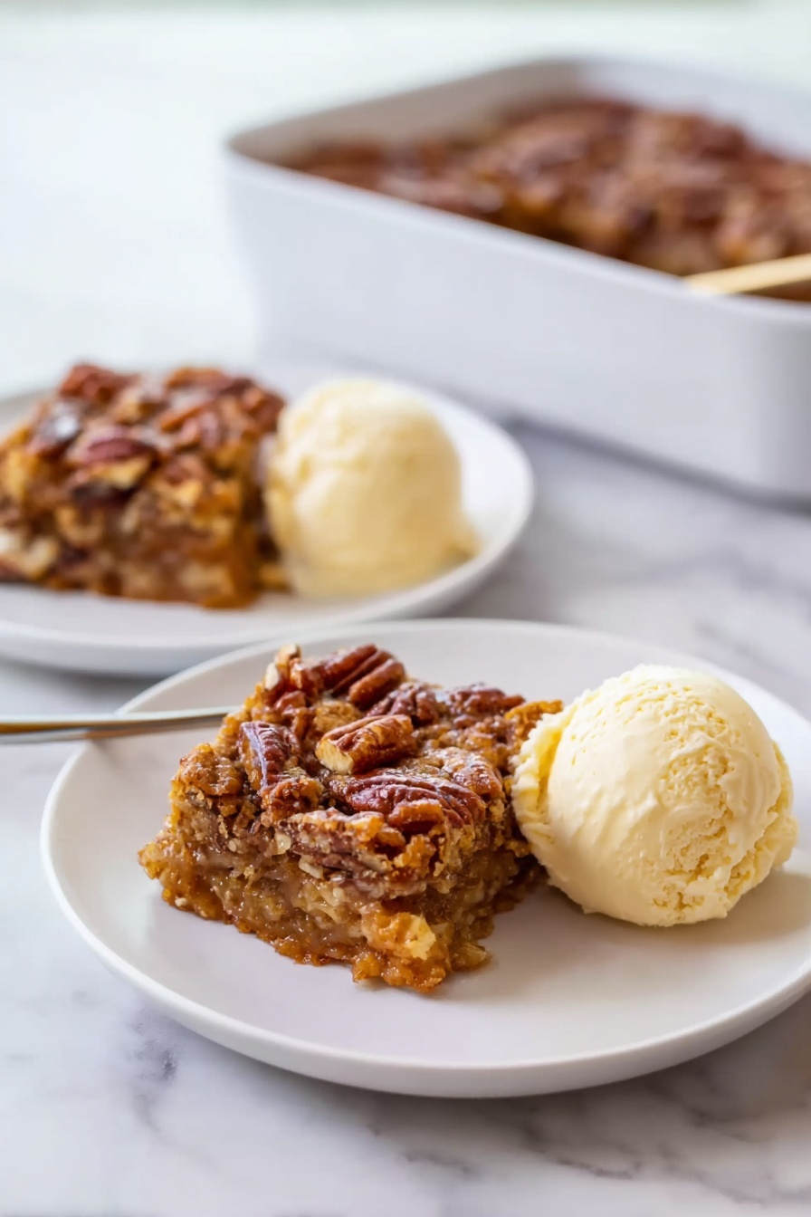 The image shows two servings of a dessert on white plates set on a white marbled surface. Each serving has two main layers: a square piece of pecan dessert with a crumbly, nutty texture and a rich brown color on top, and a scoop of creamy pale yellow ice cream beside it. In the background, there is a white baking dish with more pecan dessert inside, slightly blurred. The overall look is warm and inviting, showing contrast between the rough texture of the dessert and the smooth ice cream. Photo taken with an iphone --ar 2:3 --v 7 - Pumpkin Dump Cake, pumpkin dump cake, fall dessert recipes, easy dump cake, pumpkin dessert