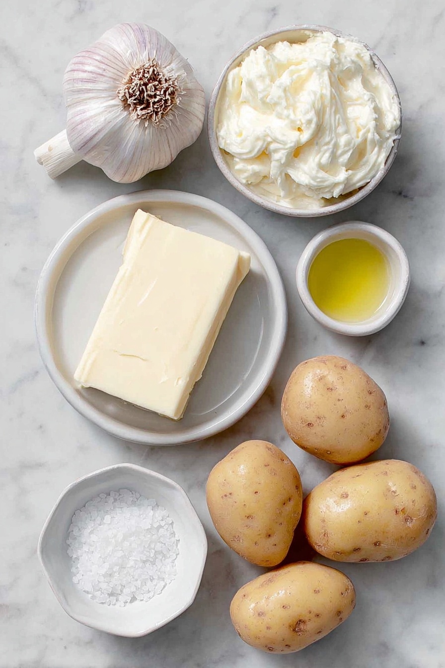 Flat lay of a whole unpeeled head of garlic with exposed cloves, a few golden Yukon Gold potatoes whole and uncut, a small white ceramic bowl of rich golden butter, a small white ceramic bowl of smooth heavy cream, a small white ceramic bowl with a drizzle of extra virgin olive oil, and a small white ceramic bowl of coarse sea salt, all arranged symmetrically on a clean white marble surface, soft natural light, photo taken with an iPhone, professional food photography style, fresh ingredients, white ceramic bowls, no bottles, no duplicates, no utensils, no packaging --ar 2:3 --v 7 --p m7354615311229779997 - Creamy Roasted Garlic Mashed Potatoes, garlic mashed potatoes, roasted garlic mashed potatoes, creamy potato side dish, comfort food recipes