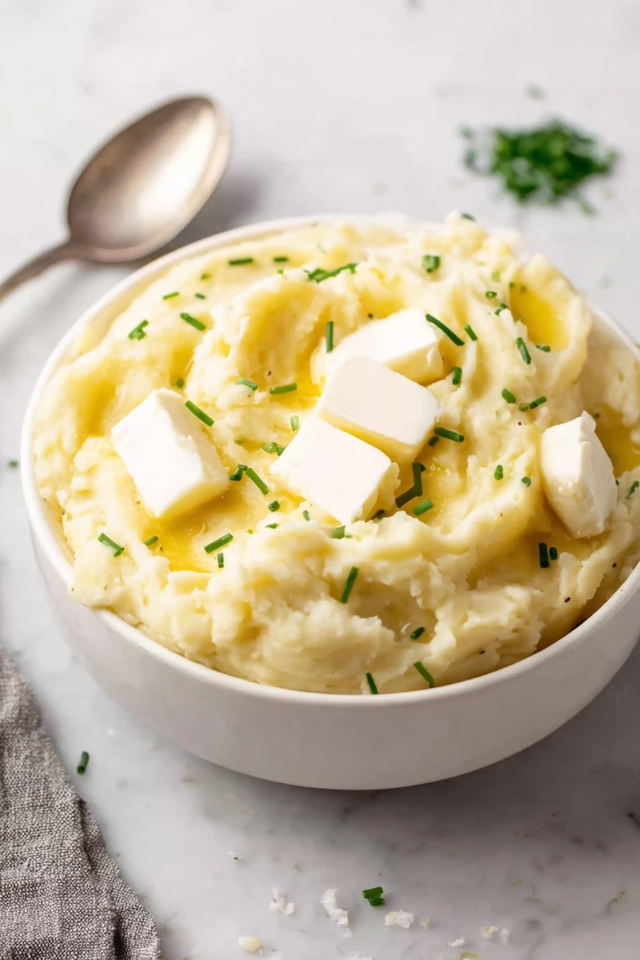 A white bowl filled with creamy mashed potatoes that have a light yellow color, topped with a small melting piece of butter in the center. Bright green chopped chives are sprinkled on top, and some black pepper dots are scattered across the surface. A silver spoon rests inside the bowl on the right side. The bowl is placed on a white marbled surface with some garlic cloves and a white cloth nearby. photo taken with an iphone --ar 2:3 --v 7 - Creamy Roasted Garlic Mashed Potatoes, garlic mashed potatoes, roasted garlic mashed potatoes, creamy potato side dish, comfort food recipes