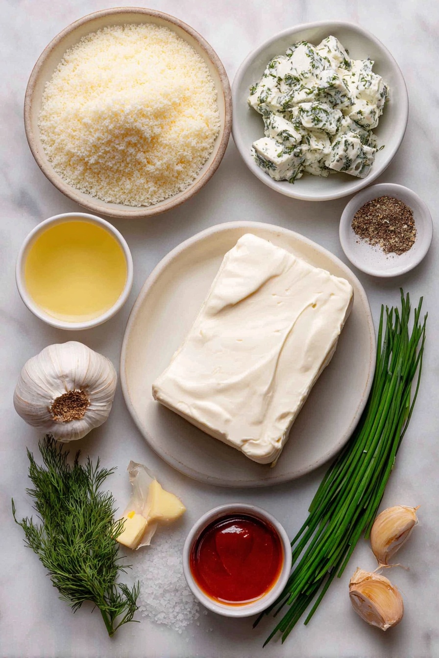 Flat lay of panko bread crumbs in a small white ceramic bowl, a pat of natural butter, a mound of smooth sour cream on a white plate, a piece of softened cream cheese on a simple white dish, ranch seasoning herbs sprinkled loosely on white ceramic, a small white bowl with pale yellow lemon juice, a small white bowl with clear dill pickle juice, chopped dill pickles arranged neatly on a white plate, two whole garlic cloves with papery skin intact, fresh green chives and dill sprigs on a white rectangular dish, salt and pepper grains scattered artistically in tiny piles on the white surface, a few drops of bright red hot sauce in a small white ceramic bowl placed symmetrically, placed on a clean white marble surface, soft natural light, photo taken with an iPhone, professional food photography style, fresh ingredients, white ceramic bowls, no bottles, no duplicates, no utensils, no packaging --ar 2:3 --v 7 --p m7354615311229779997 - Creamy Pickle Dip with Crispy Panko Topping, pickle dip recipe, easy savory dip, flavorful appetizer, quick snack ideas