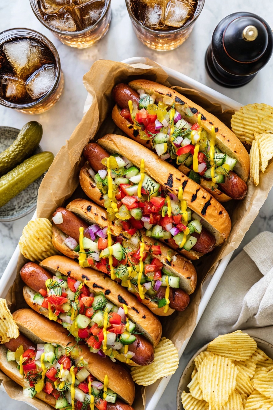 Several grilled hot dogs are arranged in a white tray lined with brown paper. Each hot dog is placed in a light golden toasted bun with grill marks visible on the sides. The hot dogs are topped with colorful diced vegetables including red, green, and yellow bell peppers, cucumber, and red onions. Mustard is drizzled lightly on most of the hot dogs. The tray also contains some ridged potato chips scattered around the hot dogs. On the white marbled surface next to the tray, two whole pickles and a glass of cola with ice cubes are visible, along with a dark pepper grinder and a beige cloth napkin. Photo taken with an iphone --ar 2:3 --v 7 - Pickle de Gallo, Fresh Pickle de Gallo, Tangy Salsa de Gallo, Quick Pickle de Gallo, Versatile Pickle de Gallo