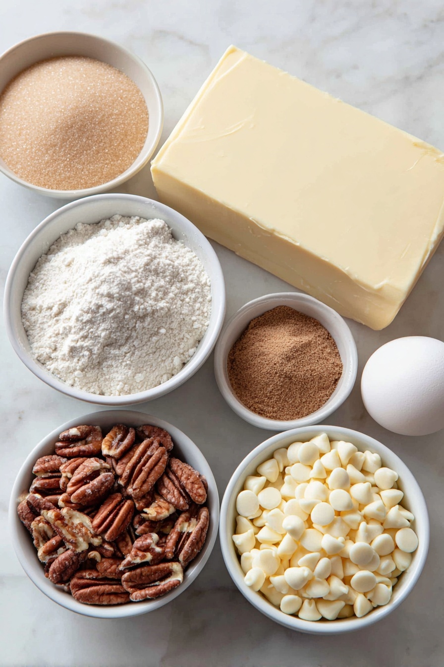 Flat lay of a small mound of granulated white sugar, a small white ceramic bowl filled with creamy orange pumpkin purée, a whole unwrapped slab of pale yellow unsalted butter, a small white ceramic bowl of smooth light brown pumpkin pie spice powder, a small white ceramic bowl with glossy white mini marshmallows, a small white ceramic bowl of finely chopped light brown pecans, a small white ceramic bowl holding thick creamy evaporated milk, an uncracked whole white egg, and a small white ceramic bowl filled with smooth white chocolate chips, all arranged in symmetrical balance with perfect natural lighting, placed on a clean white marble surface, soft natural light, photo taken with an iPhone, professional food photography style, fresh ingredients, white ceramic bowls, no bottles, no duplicates, no utensils, no packaging --ar 2:3 --v 7 --p m7354615311229779997 - Pumpkin White Chocolate Fudge, Pumpkin White Chocolate Dessert, Fall Pumpkin Fudge, Easy Pumpkin Fudge Recipe, White Chocolate Pumpkin Treats