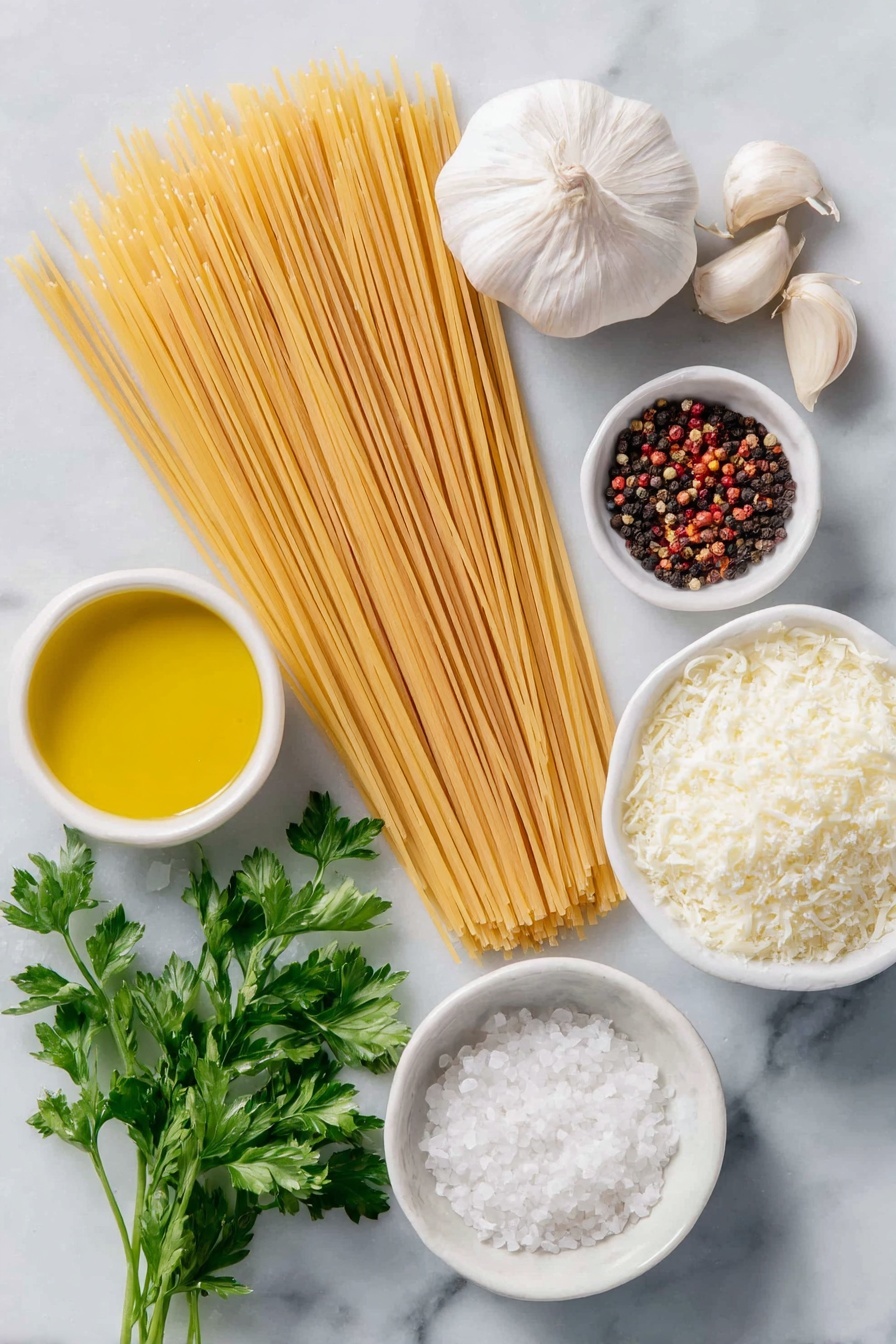Flat lay of a small pile of uncooked spaghetti strands neatly arranged, a whole bulb of garlic with some cloves peeled and thinly sliced, a few whole black peppercorns and some crushed red pepper flakes scattered gently, a small white bowl filled with golden olive oil, a small white bowl with finely grated Parmesan cheese, a few fresh sprigs of vibrant Italian parsley, a small white bowl containing freshly squeezed lemon juice, a small white bowl with clear pasta water, and a small pile of coarse sea salt crystals all placed symmetrically on a clean white marble surface, soft natural light, photo taken with an iPhone, professional food photography style, fresh ingredients, white ceramic bowls, no bottles, no duplicates, no utensils, no packaging --ar 2:3 --v 7 --p m7354615311229779997 - Garlic Olive Oil Spaghetti, garlic pasta recipe, easy garlic pasta, quick Italian pasta, comforting garlic spaghetti