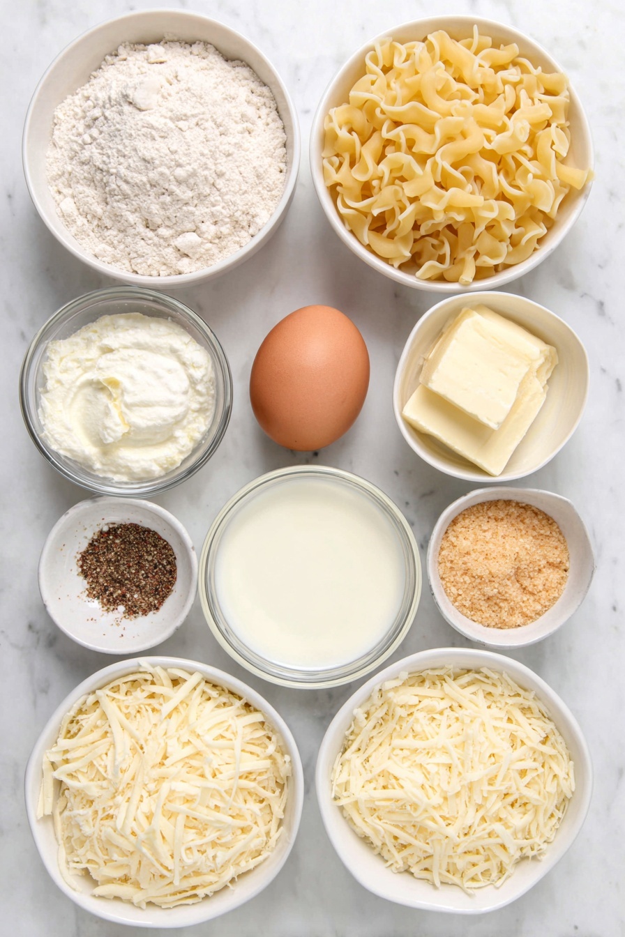 Flat lay of uncooked elbow macaroni scattered naturally, a small white ceramic bowl of pale yellow butter, a small white ceramic bowl filled with fine all-purpose flour, one whole uncracked brown egg, a small white ceramic bowl with coarse white salt crystals, a small white ceramic bowl containing freshly ground black pepper, a small white ceramic bowl with light beige garlic powder, a small white ceramic bowl filled with creamy milk, a small white ceramic bowl holding smooth half and half, a small white ceramic bowl heaped with shredded sharp white cheddar cheese, a small white ceramic bowl with shredded golden Gruyere cheese, a small white ceramic bowl with delicate shredded parmesan cheese, a small white ceramic bowl containing clear white truffle oil, a small white ceramic bowl filled with golden breadcrumbs, and a small white ceramic bowl of melted butter, all symmetrically arranged in perfect proportions on a clean white marble surface, soft natural light, photo taken with an iPhone, professional food photography style, fresh ingredients, white ceramic bowls, no bottles, no duplicates, no utensils, no packaging --ar 2:3 --v 7 --p m7354615311229779997 - Truffle Cheese Mac and Cheese, gourmet mac and cheese, truffle pasta recipe, luxurious cheese macaroni, decadent cheese sauce