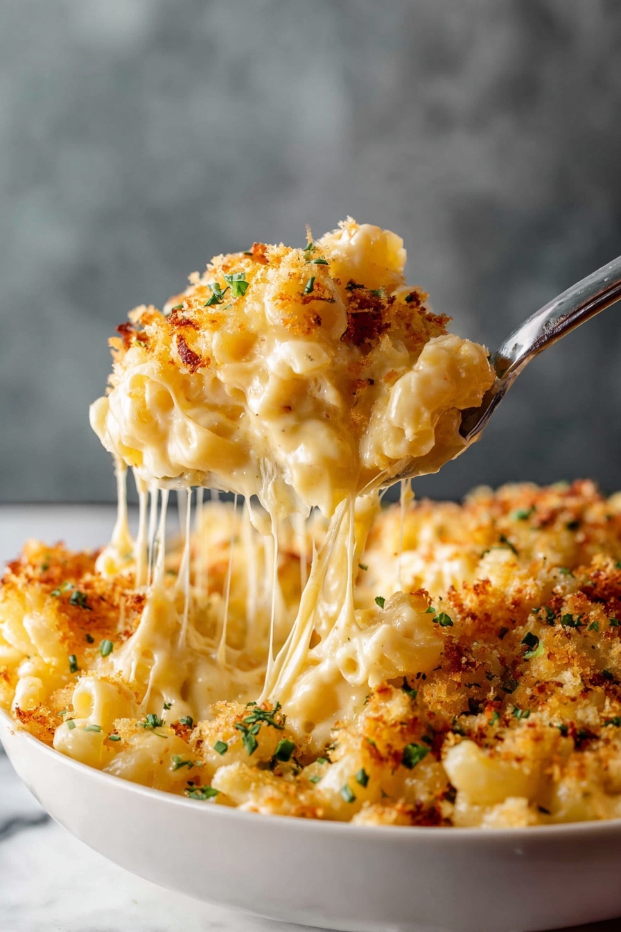 The image shows a close-up of a white bowl filled with creamy mac and cheese, lifted by a metal spoon. The dish has three visible layers: a bottom layer of soft pasta coated in a smooth, light yellow cheese sauce, a middle layer with gooey melted cheese stretching as the spoon lifts a portion, and a top layer of golden, crispy breadcrumbs sprinkled with small green herb pieces. The cheese sauce looks thick and creamy, with a shiny texture, and the breadcrumbs appear crunchy with browned spots. The bowl sits on a white marbled surface with a blurred neutral gray background. Photo taken with an iphone --ar 2:3 --v 7 - Lobster Mac and Cheese Bake, lobster mac and cheese, seafood pasta bake, cheesy lobster casserole, easy lobster pasta recipe