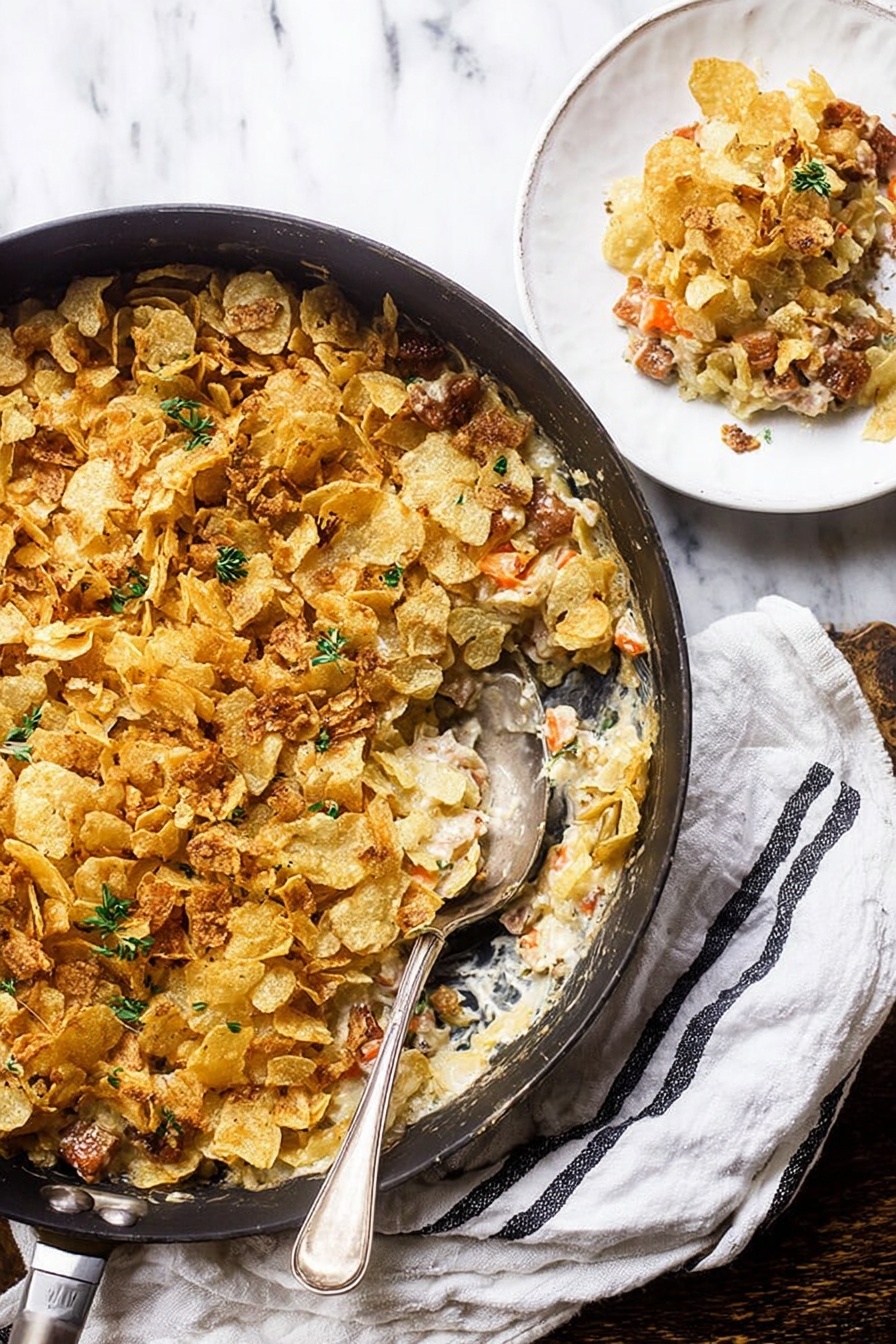 A black round pan filled with a layered dish that has a top layer made of crunched golden-yellow potato chips scattered unevenly, with small green herb sprigs spread on top. Underneath the chips, there are pieces of browned meat and soft cooked vegetables like light orange carrots, creating a mixed texture of crispy and soft elements. A large silver spoon rests inside the pan, showing some of the filling. Next to the pan on a white marbled surface, there is a clear glass with light-colored liquid. photo taken with an iphone --ar 2:3 --v 7 - Homemade Chicken Noodle Casserole, comfort food casserole, creamy chicken noodle bake, easy chicken casserole recipes, hearty dinner ideas
