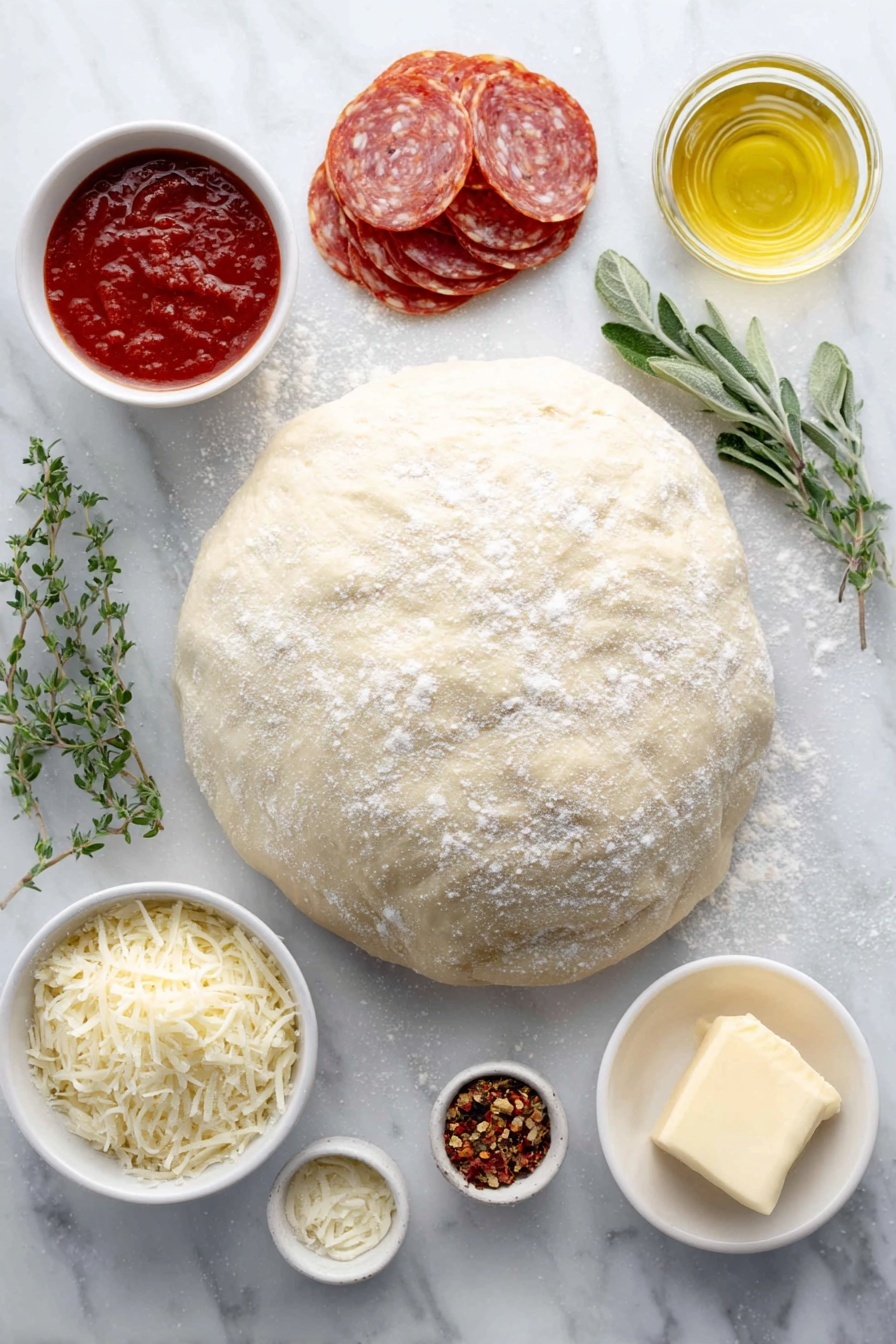 Flat lay of fresh round ball of pizza dough dusted lightly with flour, a small white ceramic bowl of rich red tomato sauce, a small white bowl with golden olive oil, a neat stack of thin round pepperoni slices, a small white bowl filled with grated mozzarella cheese, a few sprigs of fresh green oregano, a small white bowl containing soft golden honey, a small white bowl with pale softened butter, a small white bowl of coarse ground black pepper, a small white bowl with red pepper flakes, placed on a clean white marble surface, soft natural light, photo taken with an iPhone, professional food photography style, fresh ingredients, white ceramic bowls, no bottles, no duplicates, no utensils, no packaging --ar 2:3 --v 7 --p m7354615311229779997 - Homemade Pepperoni Pizza, Easy Pepperoni Pizza Recipe, How to Make Pepperoni Pizza, Simple Homemade Pizza, Best Pepperoni Pizza