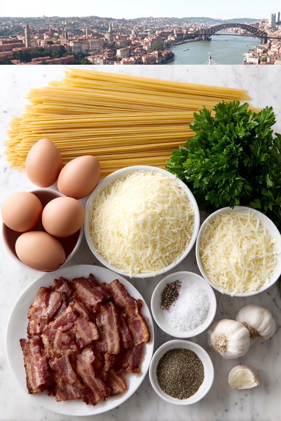 Flat lay of crispy brown bacon pieces, two peeled garlic cloves, a neat nest of raw spaghetti pasta, three whole brown eggs with clean shells, a small white bowl filled with grated Parmesan cheese, a small white bowl with freshly cracked black pepper, a small white bowl of salt crystals, and a small handful of fresh bright green parsley leaves, all arranged symmetrically on simple white ceramic dishes and bowls, placed on a clean white marble surface, soft natural light, photo taken with an iPhone, professional food photography style, fresh ingredients, white ceramic bowls, no bottles, no duplicates, no utensils, no packaging --ar 2:3 --v 7 --p m7354615311229779997 - Spaghetti Carbonara, quick Italian pasta, creamy pasta without cream, easy weeknight dinner, classic Italian dish