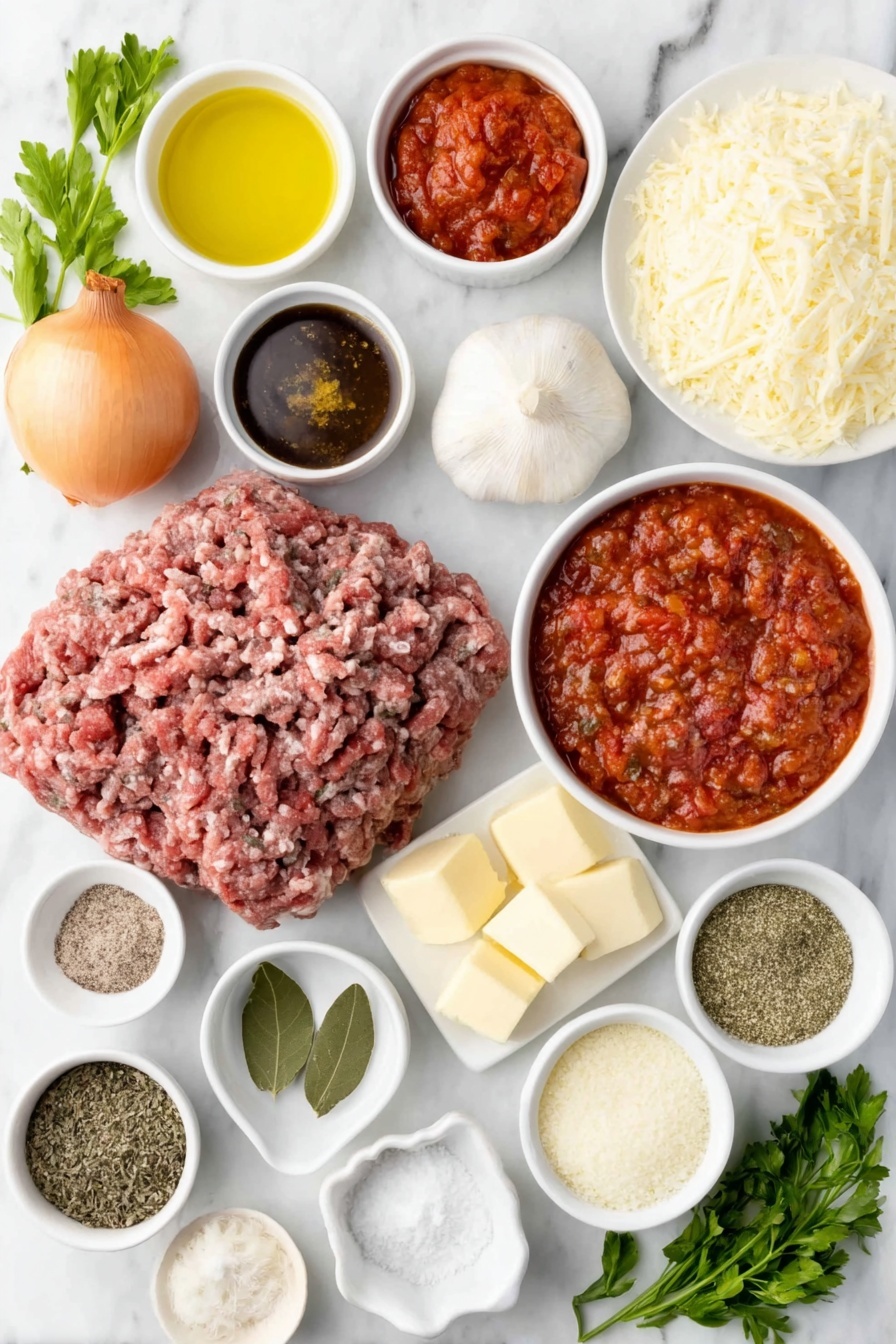 Flat lay of a small white ceramic bowl of golden olive oil, a whole uncracked brown onion, a medium peeled orange carrot diced finely, a single fresh celery stick diced finely, two whole uncracked garlic cloves, a mound of fresh ground beef, a small white ceramic bowl filled with crushed bright red tomatoes, a small white ceramic bowl of deep red tomato paste, a small white ceramic bowl of dark red Pinot Noir wine, three crumbled brown beef bouillon cubes, two fresh green bay leaves, a small white ceramic bowl holding dried thyme and oregano, a small white ceramic bowl with dark brown Worcestershire sauce, a few granules of white sugar, a small white ceramic bowl with coarse salt and black peppercorns, a chunk of pale yellow butter, a small white ceramic bowl of white flour, a small white ceramic bowl filled with fresh full cream milk, a pile of shredded pale yellow gruyere cheese, a small white ceramic bowl with ground nutmeg, a stack of fresh pale yellow lasagna sheets, a heap of shredded white mozzarella cheese, and a few sprigs of bright green basil and parsley placed on a clean white marble surface, soft natural light, photo taken with an iPhone, professional food photography style, fresh ingredients, white ceramic bowls, no bottles, no duplicates, no utensils, no packaging --ar 2:3 --v 7 --p m7354615311229779997 - Creamy Beef Lasagna with Cheese Sauce, cheesy beef lasagna, creamy beef lasagna recipe, comfort food lasagna, homemade creamy beef lasagna