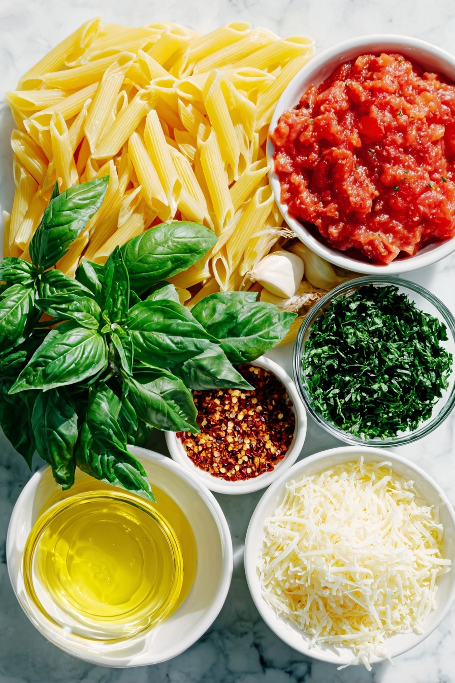 Flat lay of fresh uncooked penne rigate pasta, a small white bowl of golden olive oil, three whole uncracked garlic cloves, a small white bowl with bright red crushed red pepper flakes, a small white bowl filled with fresh chopped vibrant red tomatoes, a small white bowl of deep red tomato paste, six fresh green basil leaves, a small white bowl of finely grated pale yellow parmesan cheese, a small white bowl with freshly chopped bright green parsley leaves, all arranged in perfect symmetry on a clean white ceramic surface placed on a clean white marble surface, soft natural light, photo taken with an iPhone, professional food photography style, fresh ingredients, white ceramic bowls, no bottles, no duplicates, no utensils, no packaging --ar 2:3 --v 7 --p m7354615311229779997 - Spicy Penne Arrabbiata, Penne Arrabbiata without recipe, spicy pasta dishes, Italian pasta recipes, quick pasta dinners