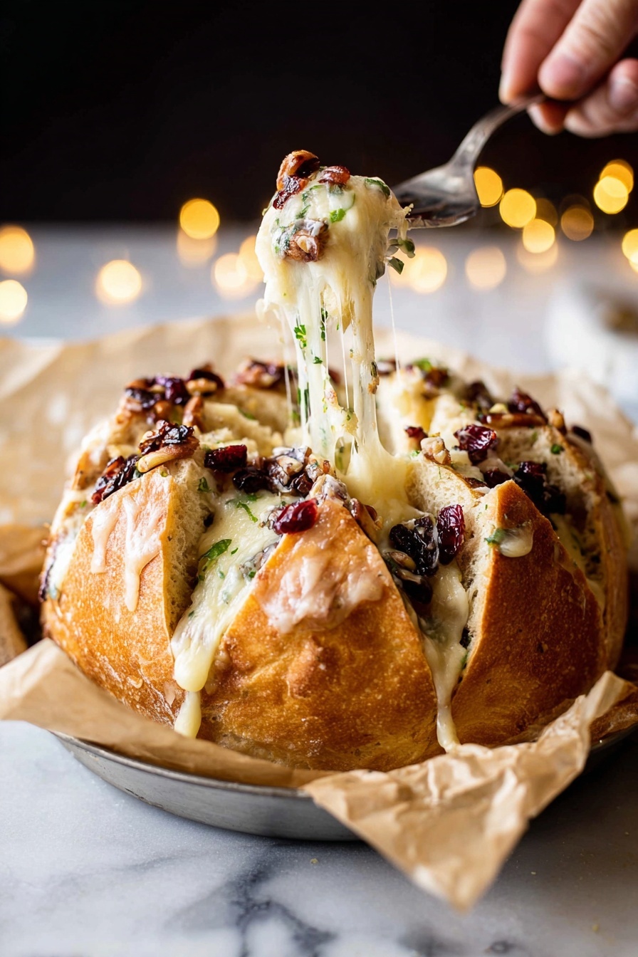 A round bread loaf is placed on crumpled parchment paper in a pan, with the top cut in a star shape showing its soft inside. The bread is golden brown and topped with small pieces of dark red dried fruit and nuts scattered on the surface. Inside the bread, cream-colored melted cheese stretches out as a fork lifts a section, showing gooey layers with small bits of green herbs mixed in. A woman's hand holds the fork from the right side. The background is dark with soft yellow lights, while the whole scene sits on a white marbled surface. photo taken with an iphone --ar 2:3 --v 7 - Cranberry Brie Pull Apart Bread, holiday appetizer, cheesy pull apart bread, cranberry brie dip, thanksgiving party food