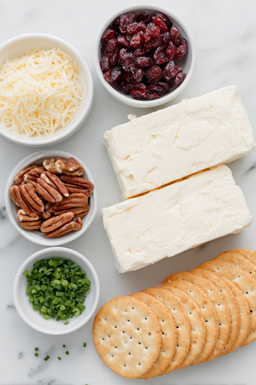 Flat lay of two rectangular blocks of creamy white cream cheese, a small pile of shredded white cheddar cheese, a small white bowl filled with bright red dried cranberries, a small white bowl of whole pecan halves and pieces, a small white bowl containing finely chopped fresh green chives, and a neat stack of golden brown round crackers arranged symmetrically, all placed on a clean white marble surface, soft natural light, photo taken with an iPhone, professional food photography style, fresh ingredients, white ceramic bowls, no bottles, no duplicates, no utensils, no packaging --ar 2:3 --v 7 --p m7354615311229779997 - Cranberry Pecan Cheese Ball, Cheese Ball Holiday Appetizer, Cranberry Pecan Cheese Ball Recipe, Easy Cheese Ball for Parties, Festive Cheese Ball Ideas