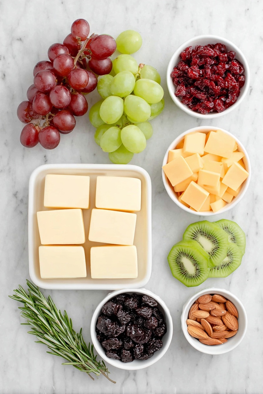 Flat lay of fresh rosemary sprigs arranged in a loose bundle, a whole celery stalk with crisp leaves, small clusters of red seedless grapes, green seedless grapes, and black seedless grapes, sharp cheddar cheese cut into neat squares, Monterey Jack cheese cut into matching squares, mild cheddar cheese cut into matching squares, bright red fresh cranberries in a small white ceramic bowl, thin star fruit slices arranged in a small pile, assorted mixed nuts including almonds in a small white ceramic bowl, and vibrant green kiwi fruit slices neatly fanned out on a simple white ceramic plate, all placed on a clean white marble surface, soft natural light, photo taken with an iPhone, professional food photography style, fresh ingredients, white ceramic bowls, no bottles, no duplicates, no utensils, no packaging --ar 2:3 --v 7 --p m7354615311229779997 - Christmas Tree Charcuterie Board Ideas, holiday snack platter, festive cheese board, Christmas party appetizer, holiday entertaining ideas