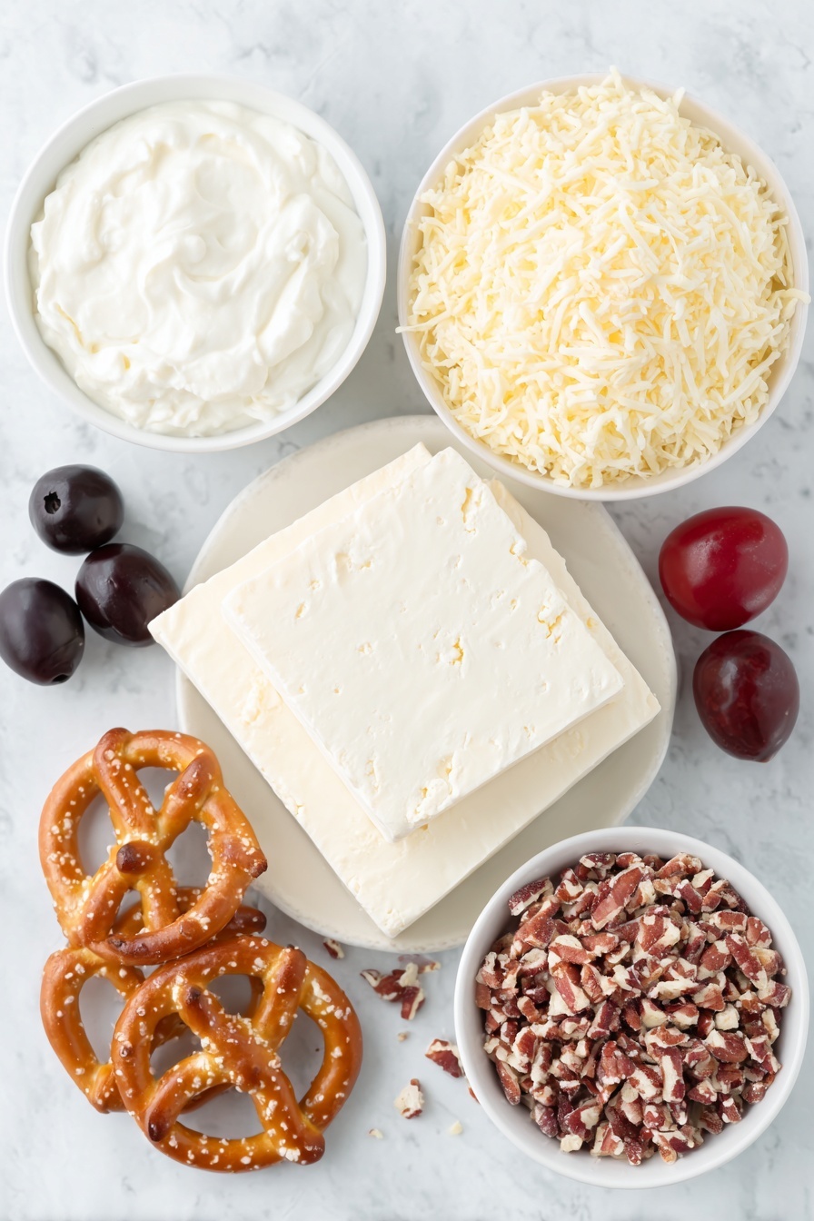 Flat lay of two blocks of cream cheese, a small white bowl with sour cream, a mound of shredded medium cheddar cheese, a small white bowl containing ranch seasoning powder, a pile of roughly chopped pecans, two whole uncracked black olives, one fresh cherry tomato, and two regular-sized pretzels arranged symmetrically on simple white ceramic bowls and plates, placed on a clean white marble surface, soft natural light, photo taken with an iPhone, professional food photography style, fresh ingredients, white ceramic bowls, no bottles, no duplicates, no utensils, no packaging --ar 2:3 --v 7 --p m7354615311229779997 - Reindeer Cheese Ball with Pretzels and Nuts, holiday cheese ball appetizer, festive cheese ball recipe, Christmas cheese appetizer, easy holiday cheese dip