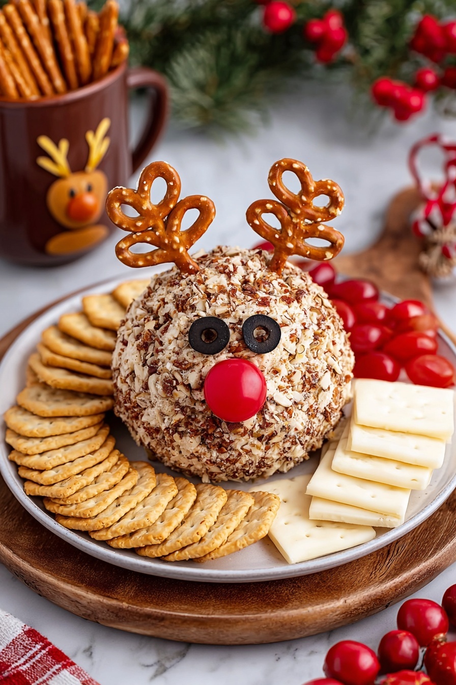 A round ball-shaped cheese covered with chopped nuts sits in the center of a large white plate with a white marbled texture visible at the edges. Two pretzels are stuck into the top back of the cheese ball to look like antlers, both golden brown with salt specks. Two black olives are placed on the front of the cheese ball to form eyes, and a small bright red cherry tomato is placed below the eyes as a nose. The cheese ball is surrounded by a neat circle of two types of crackers: thin round crackers with visible seeds at the front and square crackers at the back. In the blurred background, there is a white bowl filled with black olives and a green Christmas tree decoration with white snowflake patterns. The whole scene has a festive holiday feeling. Photo taken with an iphone --ar 2:3 --v 7 - Reindeer Cheese Ball with Pretzels and Nuts, holiday cheese ball appetizer, festive cheese ball recipe, Christmas cheese appetizer, easy holiday cheese dip
