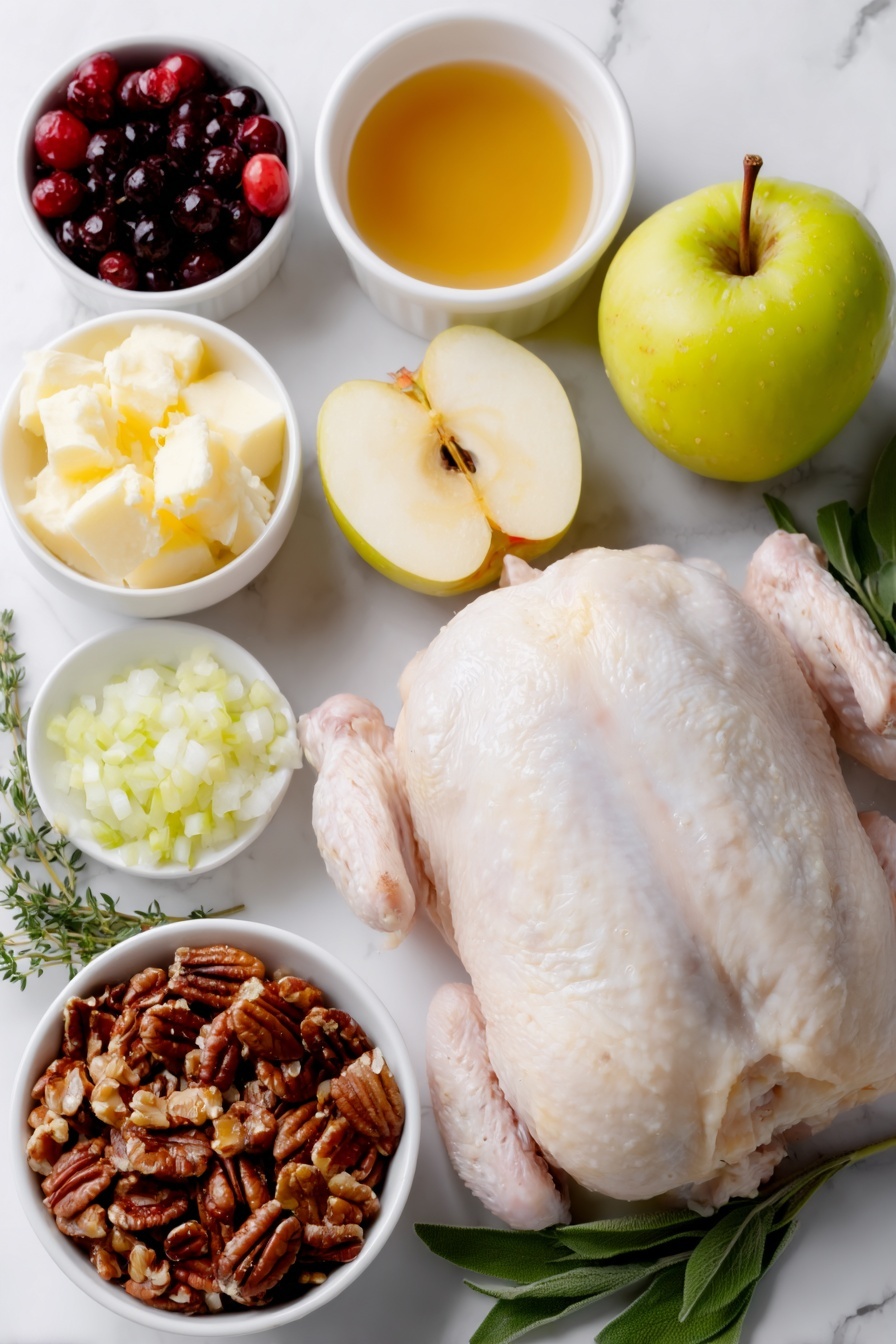 Flat lay of a whole Cornish hen with smooth pale skin, a small pile of long grain and wild cooked rice in a simple white ceramic bowl, a half peeled and diced Fuji apple showing crisp white flesh, a small handful of sweetened dried cranberries, a few sprigs of fresh flat-leaf parsley, a few sprigs of fresh sage, a few sprigs of fresh thyme, a small mound of chopped onion, a small mound of chopped celery, a small pile of coarsely chopped pecans, a small white bowl of melted unsalted butter, a small white bowl with amber maple syrup, a small white bowl with light golden apple cider, a small white bowl holding smooth Dijon mustard, and a small white bowl with ground cinnamon powder, all arranged in perfect symmetry on a clean white marble surface, soft natural light, photo taken with an iPhone, professional food photography style, fresh ingredients, white ceramic bowls, no bottles, no duplicates, no utensils, no packaging --ar 2:3 --v 7 --p m7354615311229779997 - Stuffed Cornish Hens with Apple-Cranberry Glaze, Cornish Hen recipes, holiday poultry dishes, elegant chicken recipes, festive main course ideas