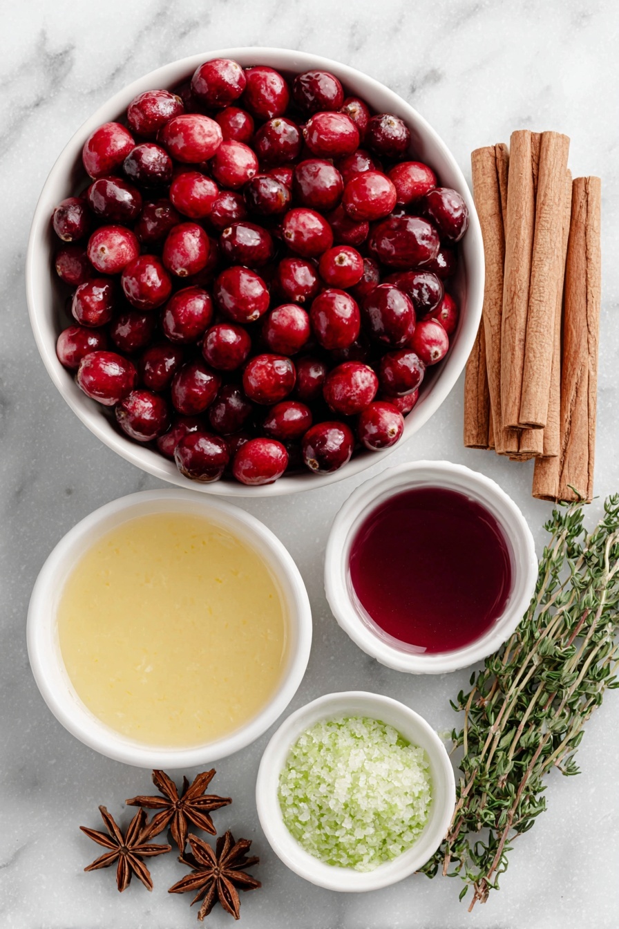 Flat lay of a large simple white ceramic bowl filled with fresh bright red cranberries, a small white bowl with vivid orange orange juice, a small white bowl holding deep red sweetened cranberry juice, a small white bowl of clear golden ginger ale, several whole cinnamon sticks neatly arranged, six whole star anise pods, a few fresh green thyme sprigs, and a small pile of finely grated green lime zest, all ingredients fresh and natural, perfectly balanced and symmetrical arrangement, placed on a clean white marble surface, soft natural light, photo taken with an iPhone, professional food photography style, fresh ingredients, white ceramic bowls, no bottles, no duplicates, no utensils, no packaging --ar 2:3 --v 7 --p m7354615311229779997 - Festive Non-Alcoholic Cranberry Punch, cranberry punch recipe, holiday mocktail, Christmas non-alcoholic drink, festive holiday beverage