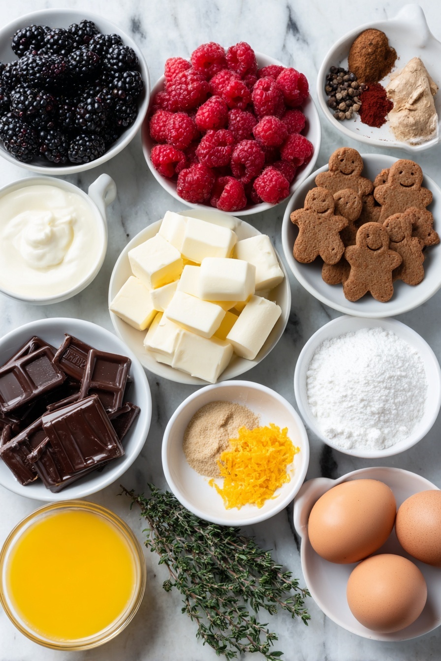 Flat lay of fresh blackberries, ripe raspberries, glossy dark cherries, whole Walkers Shortbread Gingerbread Men cookies shaped like little gingerbread men, smooth blocks of white chocolate, a small mound of powdered sugar, a small white bowl of melted golden butter, fresh cream cheese blocks, a small white bowl with vibrant orange juice, bright orange zest curls, a small white bowl of granulated sugar, a small white bowl of red wine, assorted whole spices including cinnamon sticks, whole cardamom pods, fresh nutmeg with a grater, a small white bowl of ground ginger, a pinch of salt in a small white bowl, sprigs of fresh thyme and rosemary, and whole uncracked brown eggs all arranged with perfect symmetry on simple white ceramic bowls and dishes, placed on a clean white marble surface, soft natural light, photo taken with an iPhone, professional food photography style, fresh ingredients, white ceramic bowls, no bottles, no duplicates, no utensils, no packaging --ar 2:3 --v 7 --p m7354615311229779997 - No-Bake White Chocolate Cheesecake with Mulled Fruit, festive no-bake cheesecake, holiday dessert recipes, easy white chocolate cheesecake, mulled fruit dessert