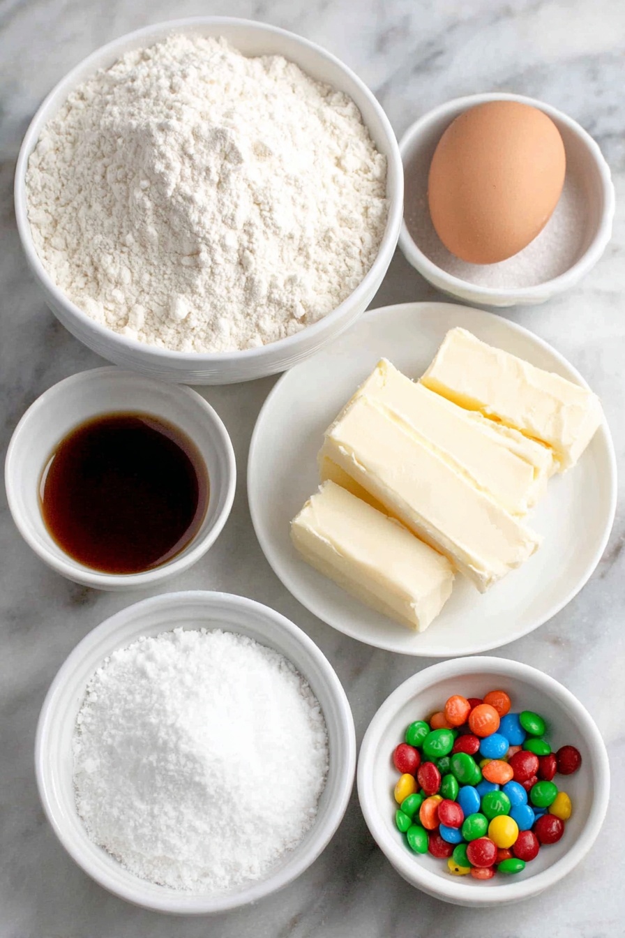 Flat lay of a small mound of all-purpose flour in a simple white ceramic bowl, a teaspoon of baking powder in a small white bowl, a pinch of salt in another small white bowl, two sticks of unsalted butter with a pale yellow creamy texture on a white plate, a white ceramic bowl filled with granulated sugar sparkling like tiny crystals, one large whole egg with a smooth light brown shell, a small white bowl holding clear vanilla extract, a few broken pieces of assorted colorful hard candies (red, green, yellow, and orange) unwrapped and crushed, and a small white bowl containing fine powdered sugar dust, all arranged with perfect symmetry and balanced proportions placed on a clean white marble surface, soft natural light, photo taken with an iPhone, professional food photography style, fresh ingredients, white ceramic bowls, no bottles, no duplicates, no utensils, no packaging --ar 2:3 --v 7 --p m7354615311229779997 - Stained Glass Candy Cookies, Christmas cookie ideas, colorful holiday treats, easy cookie recipes, festive dessert recipes