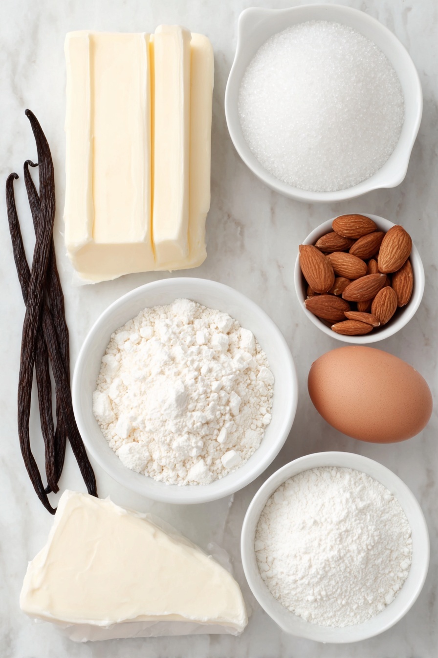 Flat lay of a small pile of unsalted butter sticks with smooth creamy texture, a wedge of fresh cream cheese with a soft white interior, a small mound of granulated white sugar, a single large brown egg with a clean uncracked shell, a few vanilla beans arranged naturally, a few whole almonds scattered to suggest almond extract, a neat heap of all-purpose flour with fine powdery texture, a small pile of white cornstarch powder, a pinch of fine salt crystals, a small mound of white baking powder, a small white ceramic bowl filled with powdered sugar, a small white ceramic bowl with white meringue powder, a small white ceramic bowl containing clear water, a single smooth vanilla bean pod beside a small white ceramic bowl of additional water, several small white ceramic bowls each with a different vivid shade of green gel food coloring, placed on a clean white marble surface, soft natural light, photo taken with an iPhone, professional food photography style, fresh ingredients, white ceramic bowls, no bottles, no duplicates, no utensils, no packaging --ar 2:3 --v 7 --p m7354615311229779997 - Marbled Sugar Cookies with Royal Icing, marble sugar cookies, royal icing decorated cookies, elegant sugar cookies, easy cookie decorating ideas