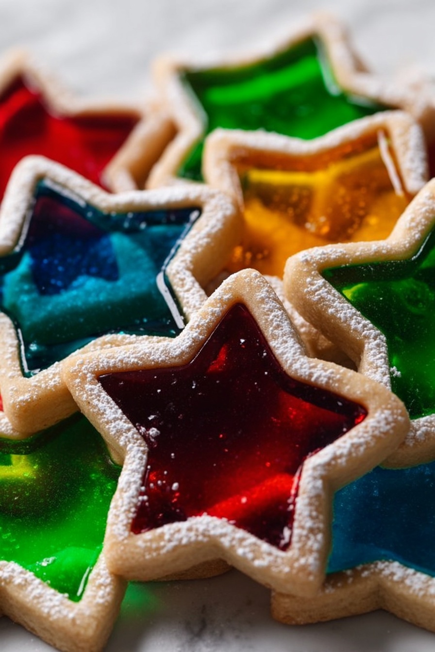 The image shows a pile of star-shaped cookies on a white marbled surface. Each cookie has two layers: a bottom thicker cookie crust layer with a pale golden color and a top smaller star-shaped cutout filled with shiny, colorful translucent candy in red, blue, green, and yellow colors. The edges of the cookies are dusted lightly with white powdered sugar, adding a soft texture contrast against the smooth candy centers. The cookies are stacked closely, creating a colorful arrangement with some overlapping stars. photo taken with an iphone --ar 2:3 --v 7 - Stained Glass Candy Cookies, Christmas cookie ideas, colorful holiday treats, easy cookie recipes, festive dessert recipes