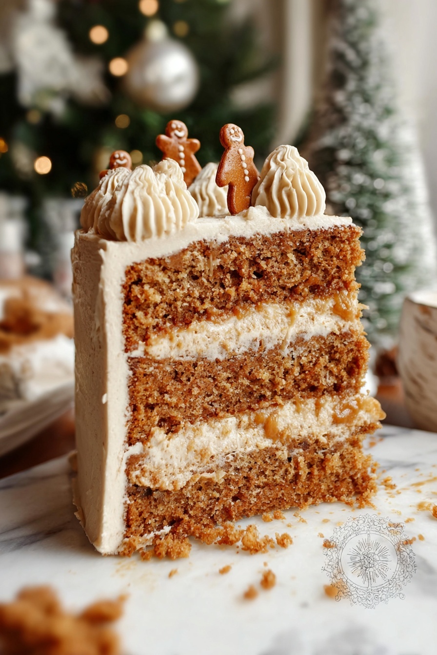 A tall, three-layer gingerbread cake with light brown sponge layers separated by two layers of cream and golden caramel filling, all covered in a thick layer of creamy, off-white frosting. The top edge of the cake is decorated with small swirls of cream and tiny gingerbread men standing upright, adding a festive touch. The cake sits on a white marbled surface, with a blurred Christmas tree and seasonal decorations in the soft background. Crumbs scatter slightly at the base, showing the moist texture inside. photo taken with an iphone --ar 2:3 --v 7 - Vegan Gingerbread Cake with Spiced Buttercream, vegan gingerbread cake, spiced vegan cake, holiday vegan desserts, festive gingerbread cake