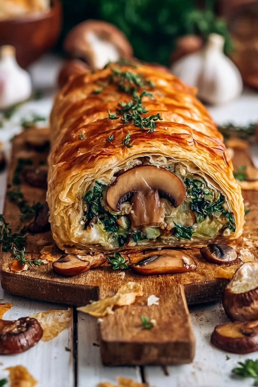 The image shows a sliced pastry loaf with golden brown, flaky layers on the outside. Inside, the layers include green leafy vegetables and beige mushrooms, with a large mushroom slice visible in the center. The pastry is sitting on a wooden board with scattered mushrooms, herbs, and small pieces of the pastry crust around it. The background has blurred garlic bulbs and other kitchen items, all set on a white marbled surface. The focus is on the front slice and the texture of the pastry and filling. Photo taken with an iphone --ar 2:3 --v 7 - Vegan Mushroom Wellington, vegan mushroom Wellington recipe, plant-based Mushroom Wellington, how to make vegan Mushroom Wellington, vegan savory Wellington