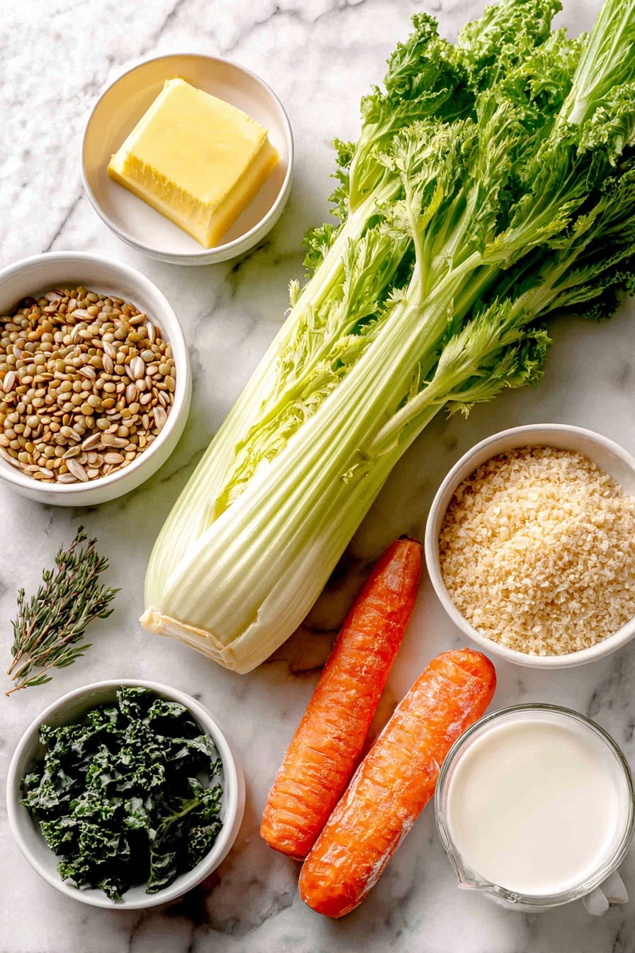 Flat lay of a single frozen sheet of puff pastry, a large peeled and chopped bright orange carrot, a large celery stalk chopped into fresh green pieces, a small white ceramic bowl of golden vegan butter, a small white bowl filled with dry green lentils, a small white bowl of clear water, a few dried fresh herbs including sage and thyme sprigs, a small white bowl with coarsely chopped roasted unsalted sunflower seeds, loosely packed chopped dark green kale leaves, a small white bowl of light tan panko breadcrumbs, a small white bowl of creamy off-white non-dairy milk, all arranged with perfect symmetry on a clean white marble surface, soft natural light, photo taken with an iPhone, professional food photography style, fresh ingredients, white ceramic bowls, no bottles, no duplicates, no utensils, no packaging --ar 2:3 --v 7 --p m7354615311229779997 - Vegan Lentil Wellington, vegan main dish, plant-based Wellington, vegan dinner ideas, vegetarian holiday main course