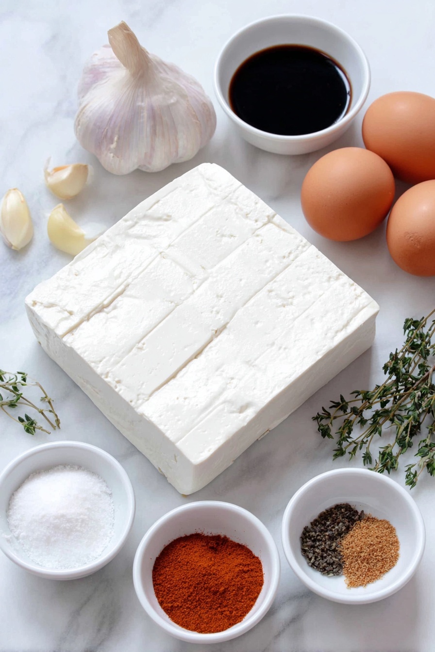 Flat lay of a whole block of extra firm tofu with neat crosshatch cuts, a few whole garlic cloves, half a small fresh yellow onion, a small white bowl of dark gluten-free soy sauce, a small white bowl of golden maple syrup, a small white bowl of bright red chili garlic sauce, a small white bowl of brown mustard, a small white bowl of loose brown sugar, a small white bowl with dried thyme leaves, three whole uncracked brown eggs, scattered whole cloves, and a small white bowl of orange smoked paprika, placed on a clean white marble surface, soft natural light, photo taken with an iPhone, professional food photography style, fresh ingredients, white ceramic bowls, no bottles, no duplicates, no utensils, no packaging --ar 2:3 --v 7 --p m7354615311229779997 - Brown Sugar Glazed Tofu, tofu glaze recipe, sweet and savory tofu, caramelized tofu recipe, plant-based tofu dishes