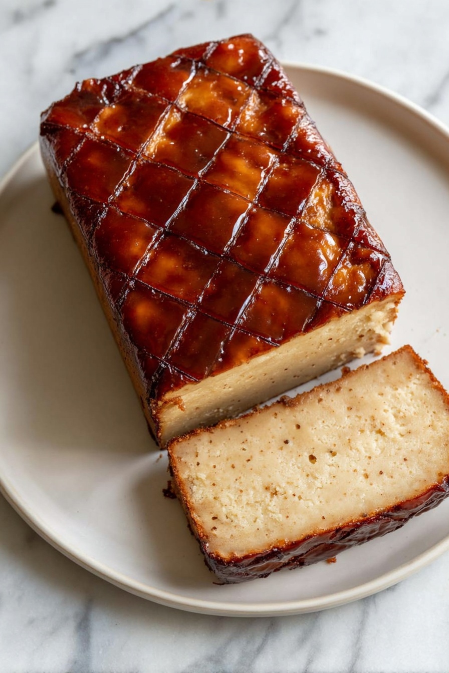 A rectangular loaf with two visible layers placed on a white plate on a white marbled surface; the top layer is a shiny, dark brown glaze with a crisscross pattern of shallow grooves, while the bottom layer has a creamy beige color with a slightly rough texture and some darker edges. One slice is cut from the loaf, showing the boundary between the glossy top and matte bottom layers. Photo taken with an iphone --ar 2:3 --v 7 - Brown Sugar Glazed Tofu, tofu glaze recipe, sweet and savory tofu, caramelized tofu recipe, plant-based tofu dishes