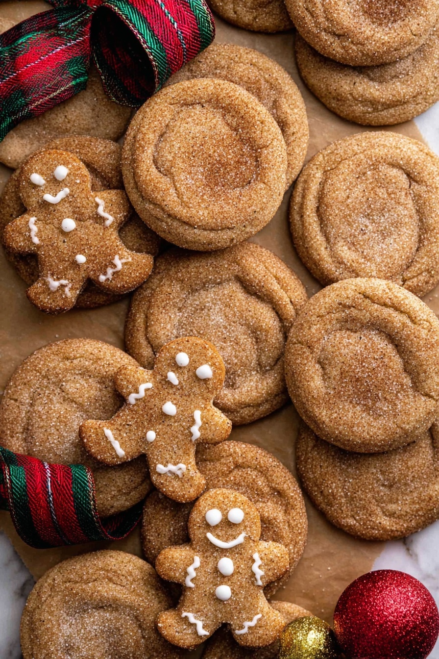 A stack of four round cinnamon cookies with a rough, slightly cracked surface covered in sugar crystals stands in the center of the image. The top cookie has a bite showing a soft, white creamy filling inside. Around the stack, there are more cookies with the same warm brown color and sugared texture. A green, red, and gold plaid ribbon runs diagonally across the bottom right corner, adding a festive touch. The background has a white marbled texture. Photo taken with an iphone --ar 2:3 --v 7 - Gingerbread Cheesecake Cookies, gingerbread cookies with cream cheese, holiday cheesecake cookies, spicy gingerbread treats, easy festive cookie recipes
