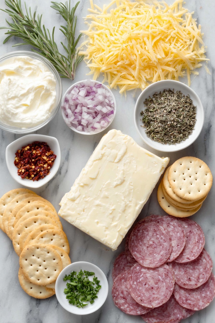 Flat lay of a block of fresh cream cheese, a small white bowl of sour cream, a small white bowl with mixed dried Italian herbs including thyme, oregano, basil, and rosemary, a small white bowl of garlic powder, a small white bowl of salt, a small white bowl of red pepper flakes, a pile of freshly grated cheddar cheese strands, a small heap of finely chopped roasted red peppers, finely chopped hot salami slices, a small mound of chopped green olives, thinly sliced green onion stalks, a small white bowl holding sun dried tomato strips with oil, a small heap of chopped fresh parsley, fresh rosemary sprigs arranged for decoration, and a neat stack of round Jatz-style crackers, all placed on a clean white marble surface, soft natural light, photo taken with an iPhone, professional food photography style, fresh ingredients, white ceramic bowls, no bottles, no duplicates, no utensils, no packaging --ar 2:3 --v 7 --p m7354615311229779997 - Italian Cheese Loaf Appetizer, cheese loaf appetizer, savory cheese appetizer, cheese and salami loaf, easy party appetizer