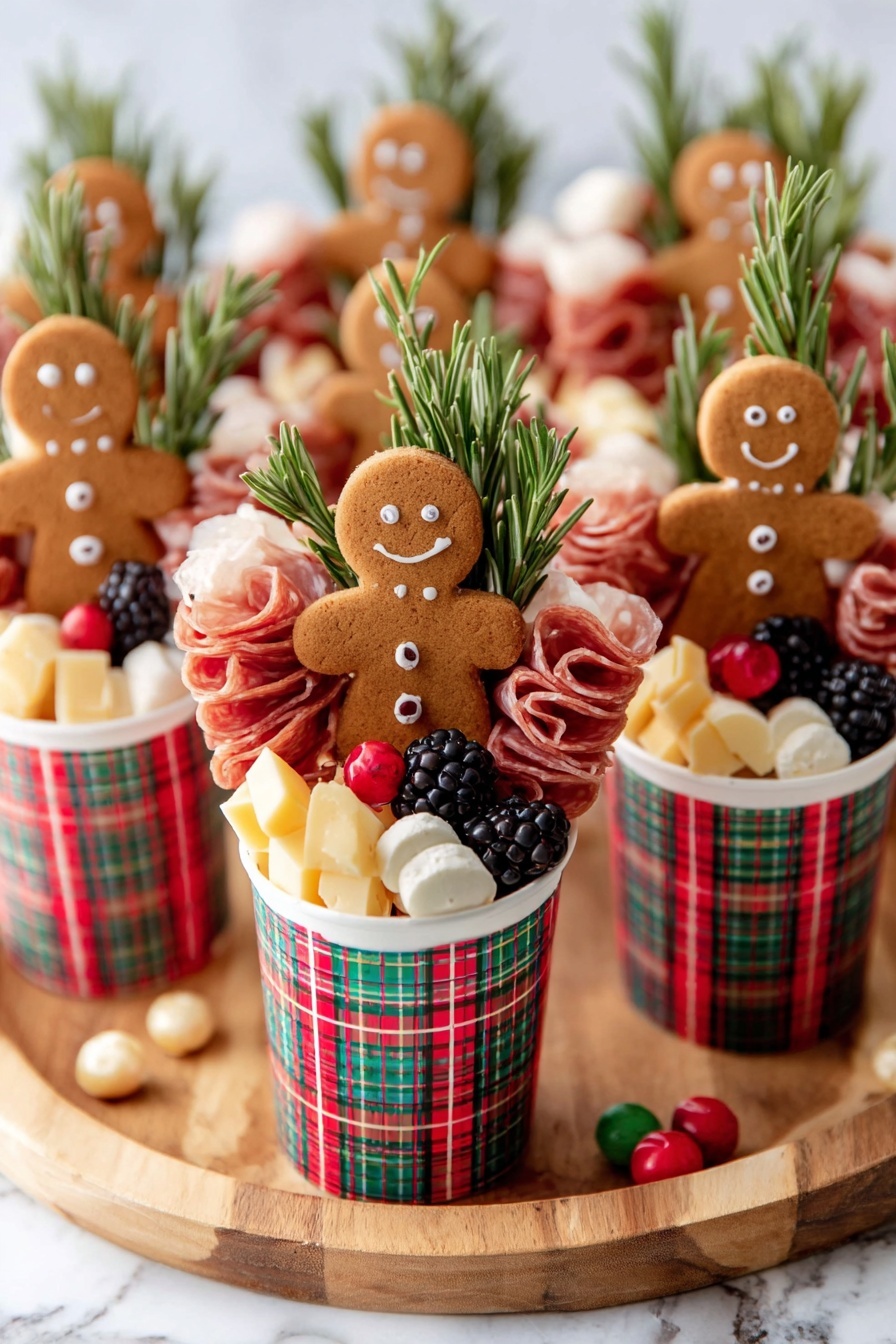 A woman's hand holds a small checked paper cone with red, green, and white stripes. Inside the cone, from front to back, there are two light brown gingerbread men cookies with smiling faces. Behind the cookies is a sprig of green rosemary. To the left of the rosemary, thinly folded slices of reddish-pink salami are stacked vertically on a stick. To the right of the rosemary, there is a small round piece of white cheese with a soft texture and next to it a chunky wedge of pale yellow cheese. In front of the cheese wedge, there are a raspberry and a blackberry with a deep purple color. The background is a white marbled surface, and more cones with similar contents are softly blurred in the background. Photo taken with an iphone --ar 2:3 --v 7 - Christmas Charcuterie Cups with Salami and Cheese, festive holiday appetizers, easy Christmas snack ideas, individual charcuterie cups, holiday party finger foods