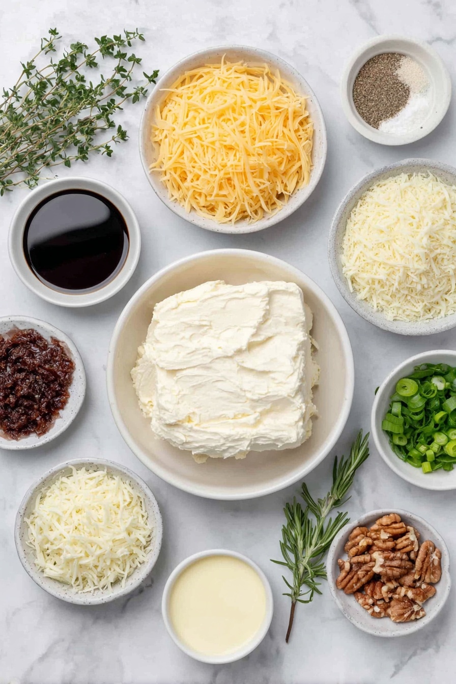 Flat lay of a block of cream cheese softened and creamy, a small white bowl of smooth mayonnaise, a small white bowl filled with bright orange shredded sharp cheddar cheese, a small white bowl of fine ranch seasoning powder, a small white bowl of pale lemon juice, a small white bowl of dark Worcestershire sauce, a small white bowl of finely ground black pepper, a small white bowl of onion powder, a small white bowl of garlic salt, a small white bowl of finely chopped fresh chives, a small white bowl of shredded white sharp cheddar cheese, a small white bowl of chopped dried cranberries, a small white bowl of chopped pecans, a small white bowl of sliced fresh green onions, a small white bowl of finely chopped fresh parsley, fresh sprigs of rosemary, fresh sprigs of thyme, fresh mint leaves, and fresh parsley leaves, all arranged symmetrically on a clean white ceramic plates and small bowls, placed on a clean white marble surface, soft natural light, photo taken with an iPhone, professional food photography style, fresh ingredients, white ceramic bowls, no bottles, no duplicates, no utensils, no packaging --ar 2:3 --v 7 --p m7354615311229779997 - Cheese Ball Wreath, festive cheese ball appetizer, holiday cheese ball, cheese ball party platter, cheese ball wreath ideas