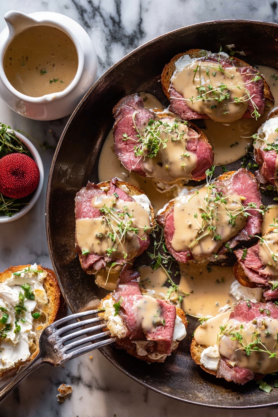 Several small sandwiches are arranged on a round metal pan with a dark handle, set on a white marbled surface. Each sandwich has three layers: a base of golden toasted bread, a middle layer of creamy white spread, and a thick slice of medium-rare cooked meat with a pink center and brown edges. On top, a light brown creamy sauce is drizzled unevenly, garnished with small green herb leaves. To the side, there is a small white bowl filled with coarse salt, a red shiny Christmas ornament, and more green herbs. The lighting is warm and natural, highlighting the textures of the meat and sauce. Photo taken with an iphone --ar 2:3 --v 7 - Beef Tenderloin Crostini with Parmesan Wine Sauce, elegant beef appetizer, holiday appetizer recipes, easy upscale appetizer, beef crostini ideas