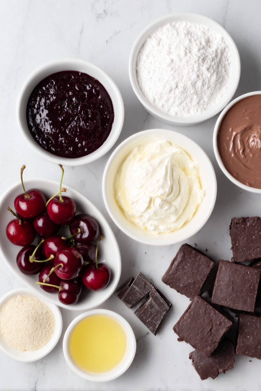 Flat lay of a square of rich chocolate sheet cake cut into cubes, a small pile of glossy fresh red cherries with stems, two small white ceramic bowls—one filled with dark red cherry pie filling and another with smooth chocolate pudding, a small white bowl holding fluffy whipped cream, a few delicate pieces of shaved dark chocolate arranged neatly on the side, a small white bowl with fine powdered sugar, and a small white bowl with golden cherry liqueur—all ingredients fresh and natural, arranged with perfect symmetry on a clean white marble surface, soft natural light, photo taken with an iPhone, professional food photography style, fresh ingredients, white ceramic bowls, no bottles, no duplicates, no utensils, no packaging --ar 2:3 --v 7 --p m7354615311229779997 - Black Forest Cherry Trifle, Black Forest dessert, cherry trifle recipe, chocolate cherry dessert, layered trifle sweet